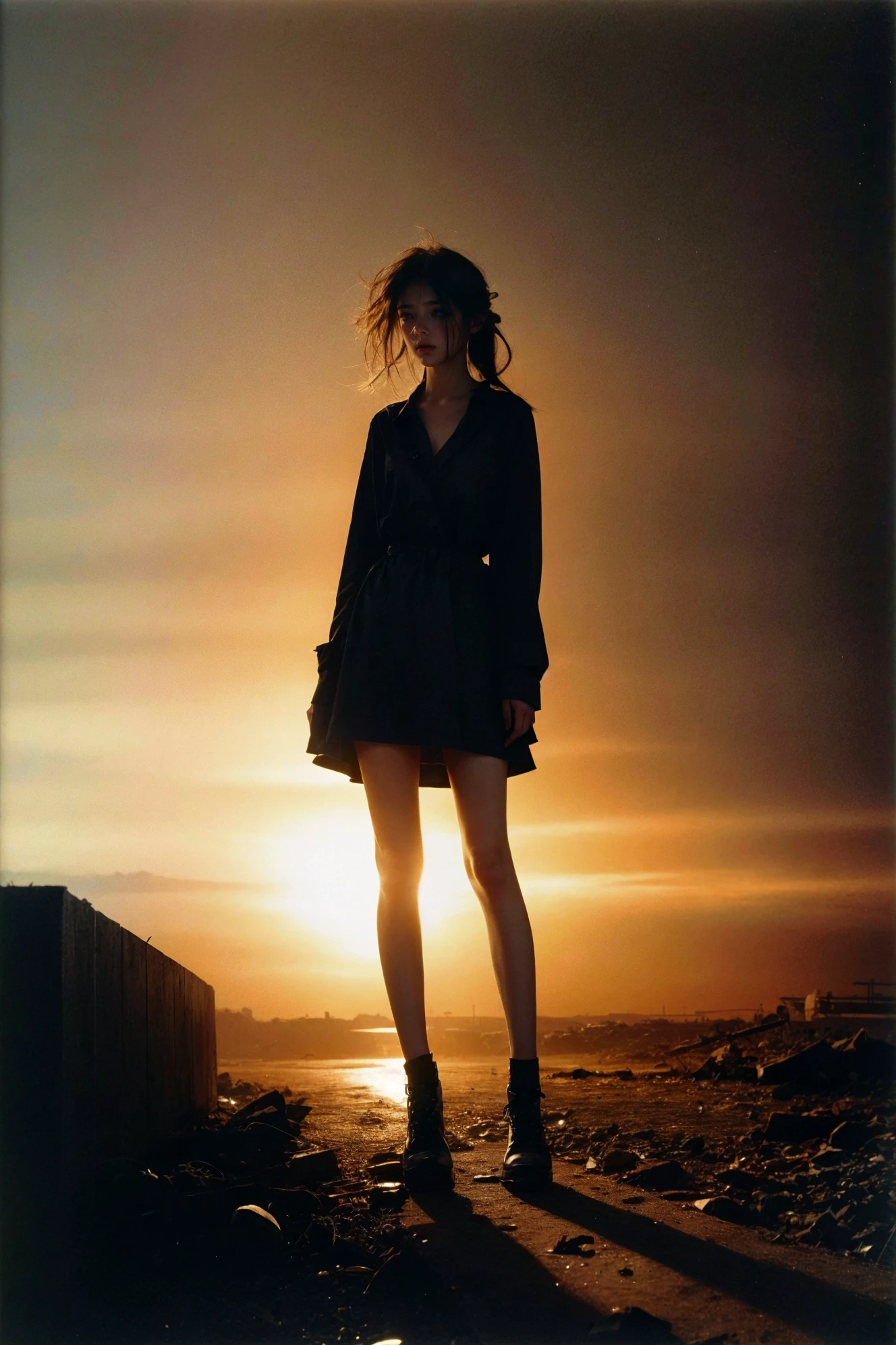 portrait of 1girl by Bill Henson,depressed,tears,streaming tears,ruins,shadows,dramatic lighting,sunset,(full body:1.5),
contemporary,dark,expressionism,dystopia,industrial,