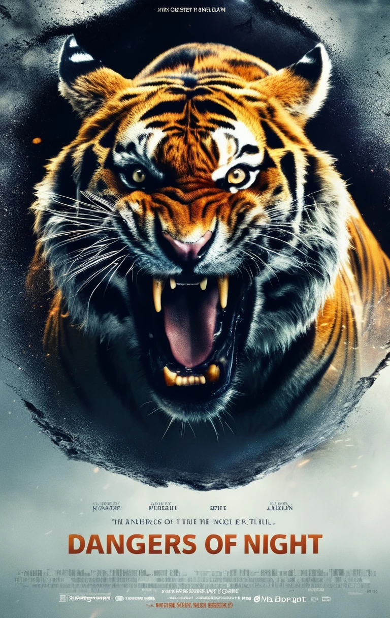 A angry tiger, dark scene, night, documentary, epic, cinematic, with title "DANGERS OF NIGHT" on it
,Movie Poster, MoviePosterRedAF,
,<lora:MoviePosterRedAFConfig4DebiComTE:1>