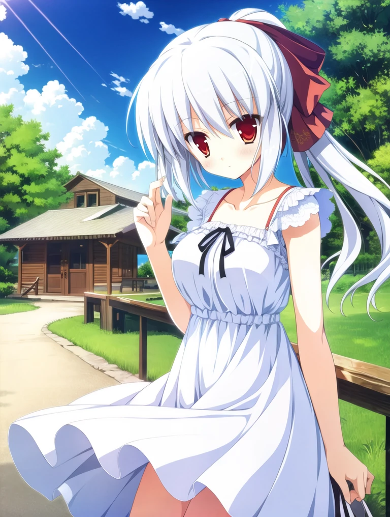 masterpiece, best quality, 1girl, irina, silver hair, red eyes, hair ribbon, sundress, outdoor <lora:irina:0.8>
