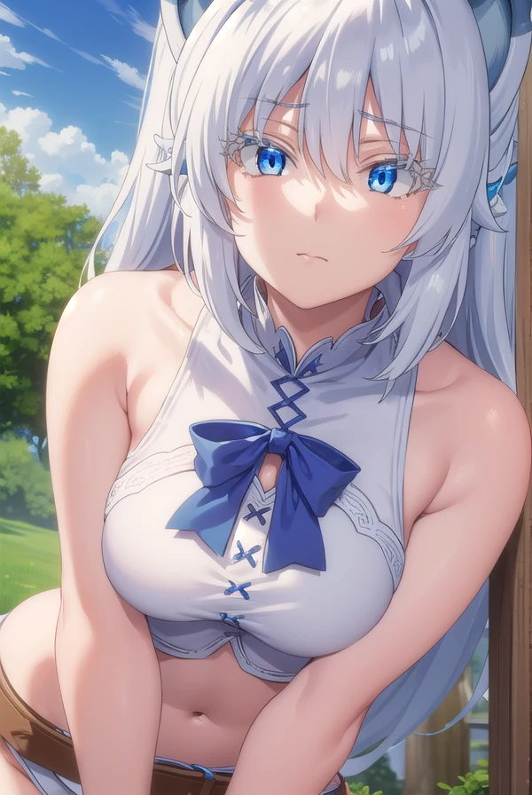 healersetsuna, <lora:healer setsuna s1-lora-nochekaiser:1>,
setsuna, blue eyes, animal ears, blue hair, ahoge, white hair, wolf ears,
BREAK bare shoulders, tail, belt, wolf tail, halterneck, bow, yellow bow, midriff, navel,
BREAK outdoors, forest, nature, grass, trees, sun, sky, clouds,
BREAK looking at viewer, (cowboy shot:1.5),
BREAK <lyco:GoodHands-beta2:1>, (masterpiece:1.2), best quality, high resolution, unity 8k wallpaper, (illustration:0.8), (beautiful detailed eyes:1.6), extremely detailed face, perfect lighting, extremely detailed CG, (perfect hands, perfect anatomy),