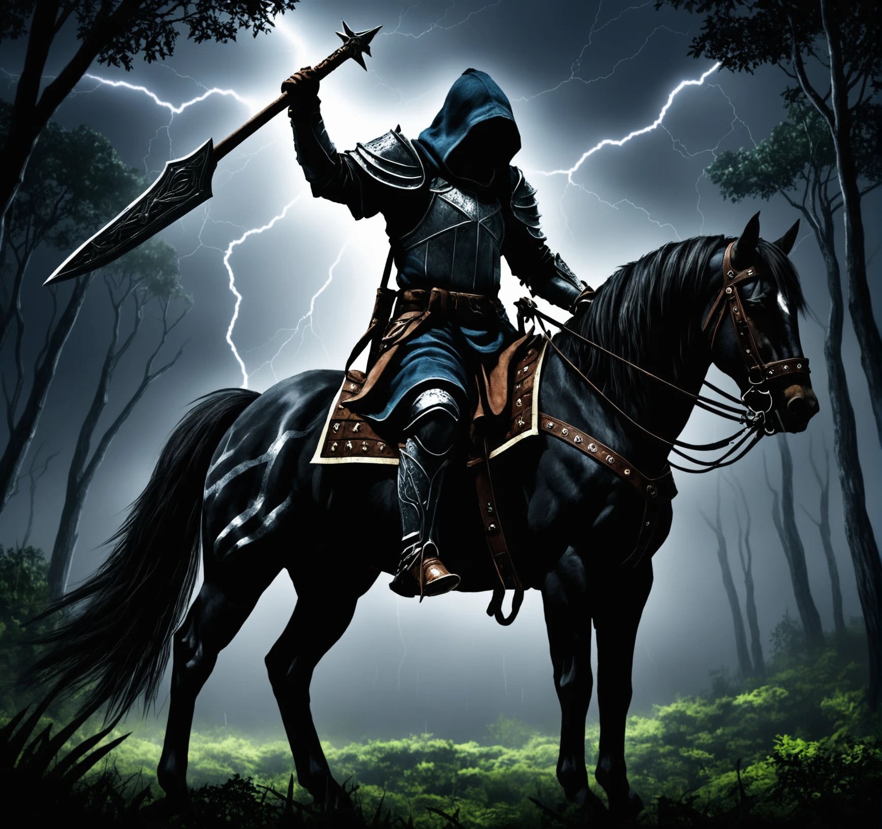 LegendDarkFantasy,  solo,1 boy, riding a horse on horseback, holding a weapon in his hand,male focus,outdoors in the dark forest, hood, armor, cross, shoulder armor, gauntlets, scabbard,nature, hood raised, shoulder pads,  dark night, thunderstorm, <lora:LegendDarkFantasy-000001:0.8>