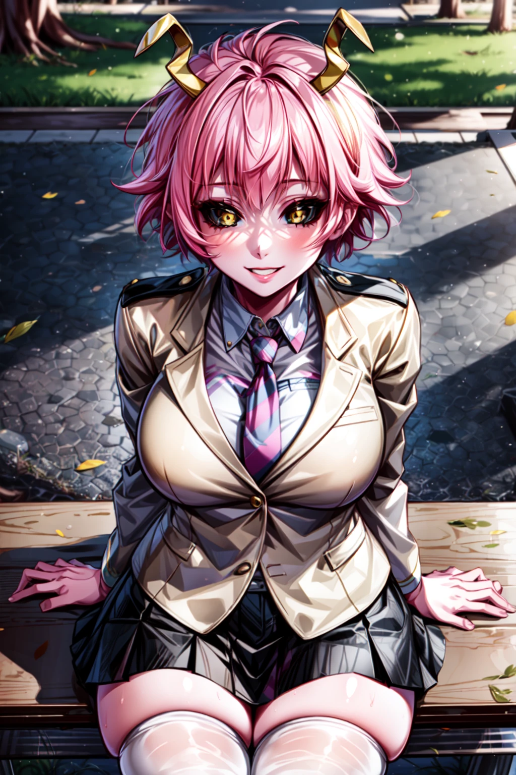(best quality:1.2), 1girl, (masterpiece:1.2), raytracing, cute face, perfect face, ultra detailed,detailed face, 8k wallpaper, wide hips, <lora:more_details:0.5>, AshidoMina_NDV, 1girl, yellow eyes, pink hair, large breasts, horns, pink skin, black sclera, short hair, <lora:AshidoMina_NDV:0.7>, outdoor, smile, school uniform, jacket, shirt, shirt, tie, sitting