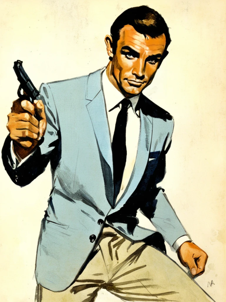 Drawing of young Sean Connery as James Bond by Robert McGinnis  <lora:Sean Connery-000004:0.6>