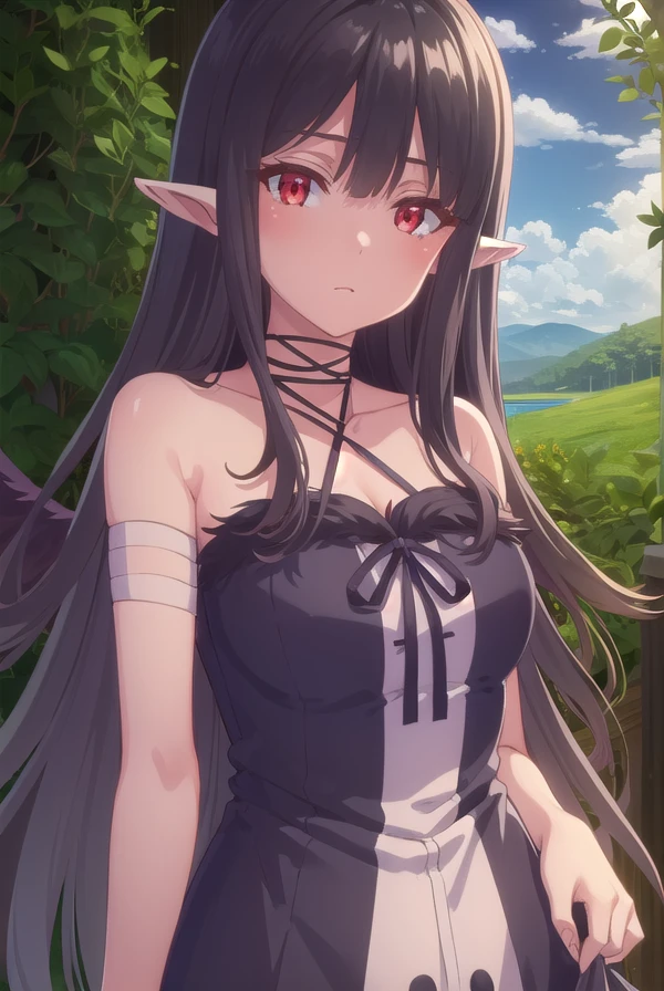 evereese, <lora:eve reese s1-lora-nochekaiser:1>,
eve reese, long hair, bangs, black hair, (red eyes:1.3), very long hair, pointy ears,
BREAK dress, bare shoulders, collarbone, wings, sleeveless, black dress, black ribbon, halterneck, bandages, feathered wings, black wings,
BREAK outdoors, forest, nature, trees, grass, sun, sky, clouds,
BREAK looking at viewer, (cowboy shot:1.5),
BREAK <lyco:GoodHands-beta2:1>, (masterpiece:1.2), best quality, high resolution, unity 8k wallpaper, (illustration:0.8), (beautiful detailed eyes:1.6), extremely detailed face, perfect lighting, extremely detailed CG, (perfect hands, perfect anatomy),