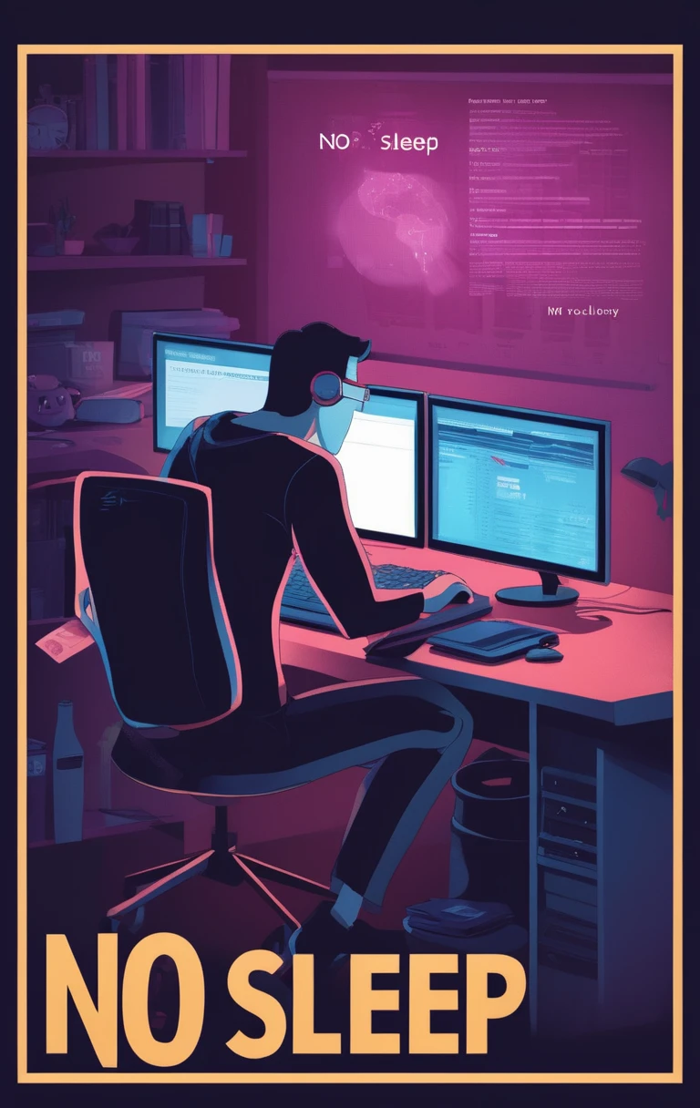 A dev working in a computer, cartoon, with title "NO SLEEP" on it
,Movie Poster, MoviePosterRedAF,
,<lora:MoviePosterRedAFConfig4DebiComTE:1>