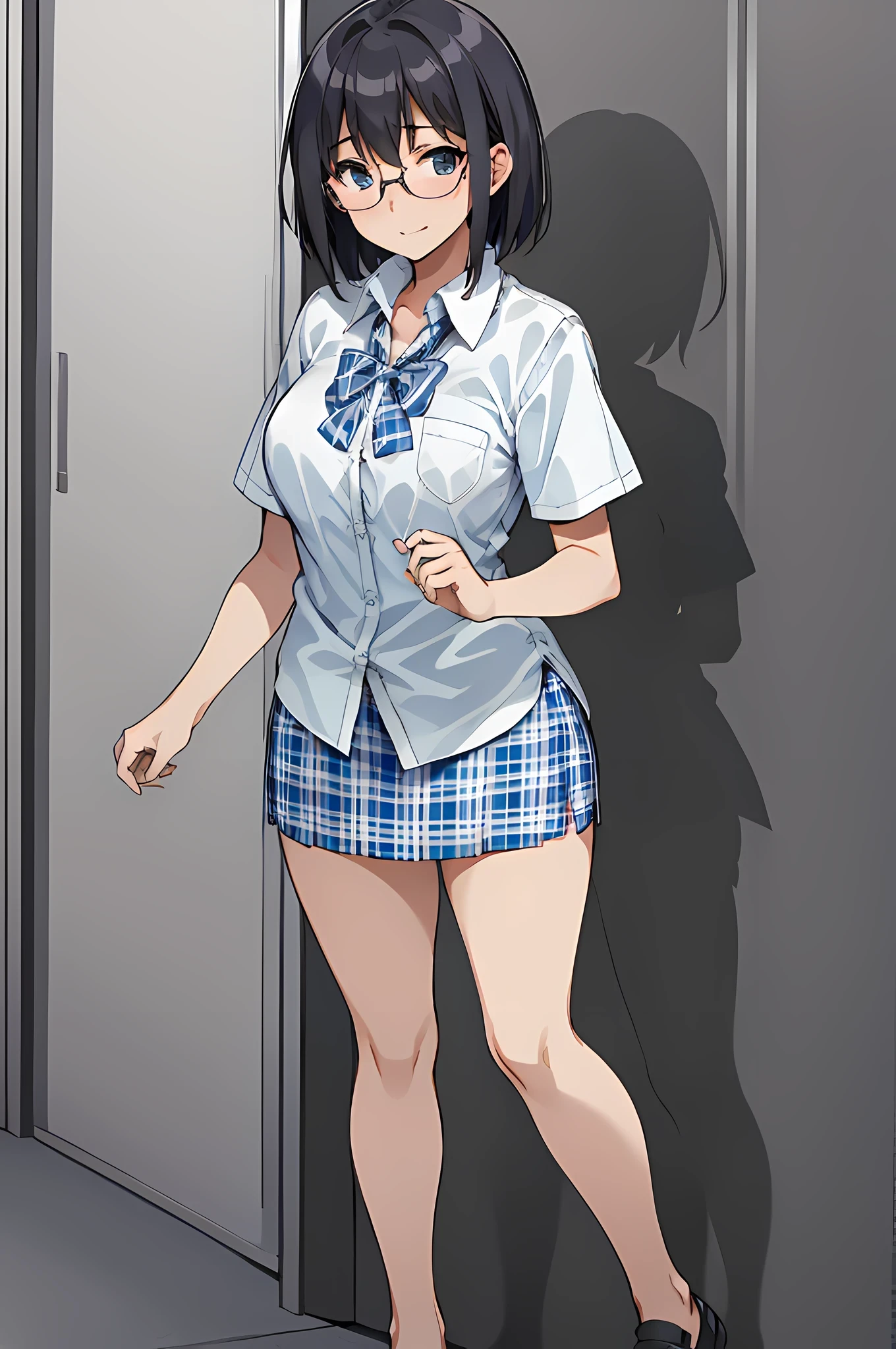 ((best quality)), (masterpiece), woman, age 18, student, wearing uniform, glasses, short hair, white shirt, short sleeves, bowtie, long light blue plaid pencil skirt, blank background, white wall, anime