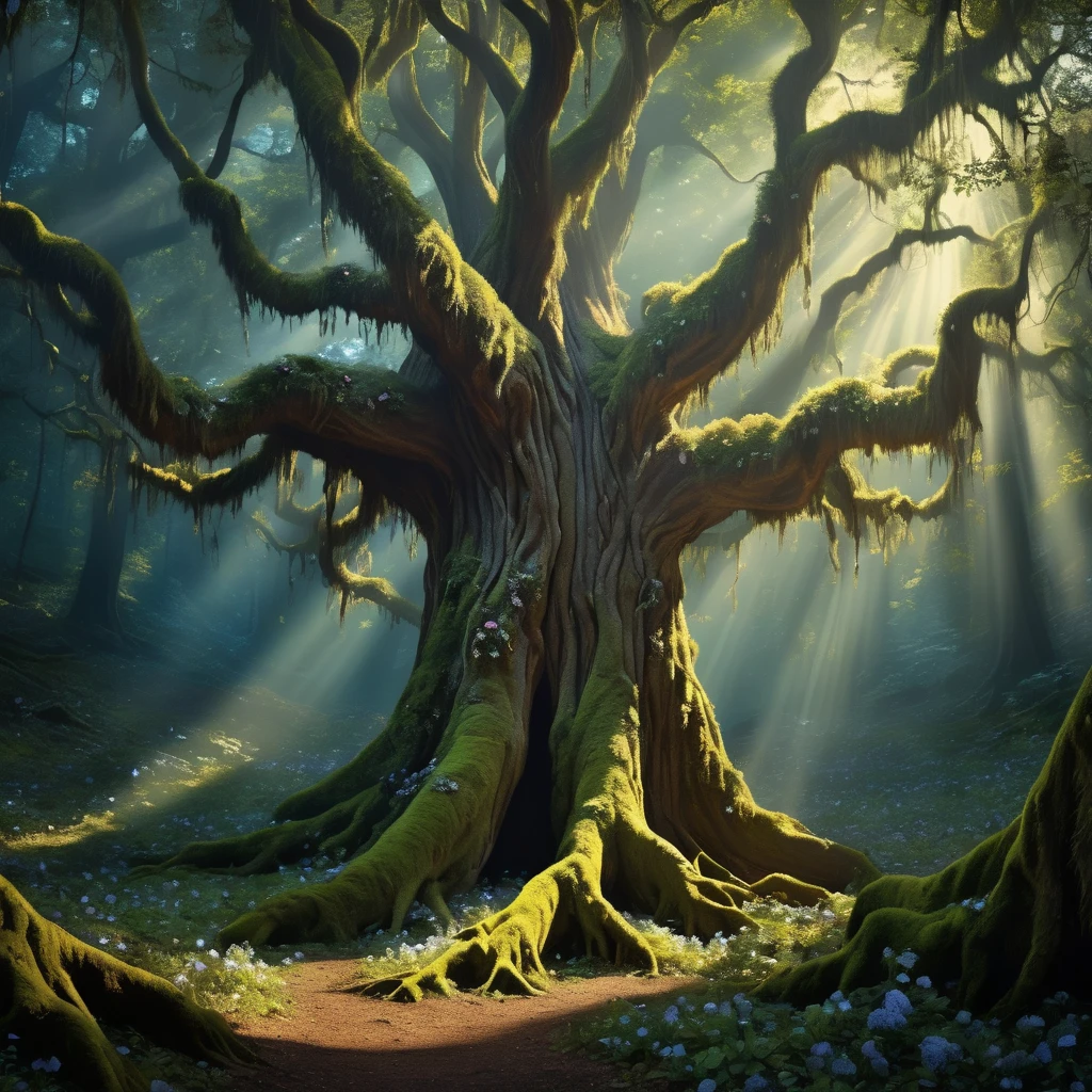 Mystical Forest with Enchanted Tree: A dense, mystical forest with sunlight filtering through the canopy, creating a tapestry of light and shadow. In the heart of the forest, (a gigantic, ancient tree stands:1.50), its trunk twisted and roots sprawling, as if alive with magic. Around it, the air seems to shimmer with an ethereal glow, and the ground is carpeted with a myriad of colorful, luminescent flowers.