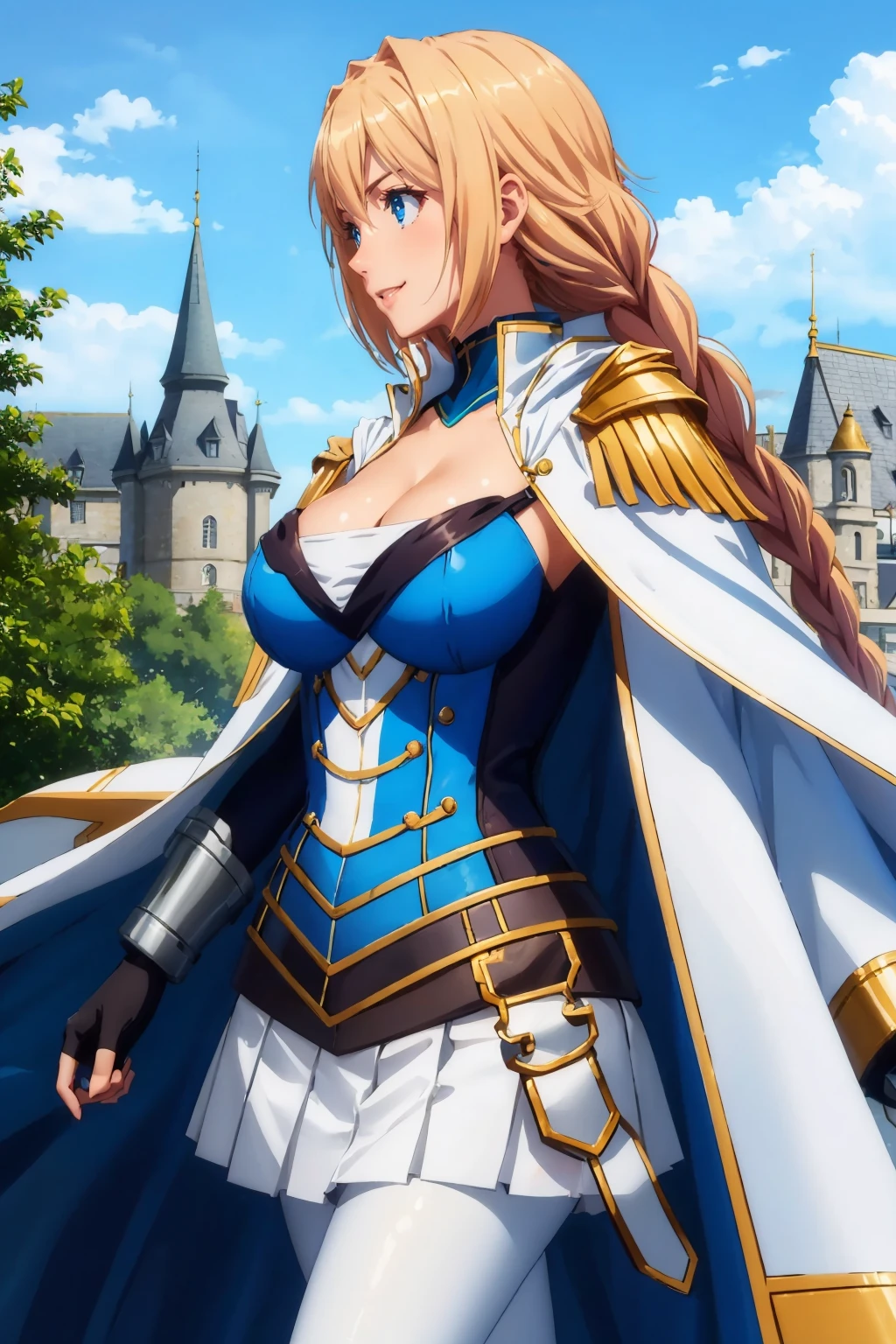 masterpiece, best quality, <lora:danchouarthur-nvwls-v1-000009:0.9> danchou, single braid, white cape, cleavage, blue uniform, white skirt, armored legwear, fingerless gloves, large breasts, outdoors, castle, blue sky, profile, smile, standing