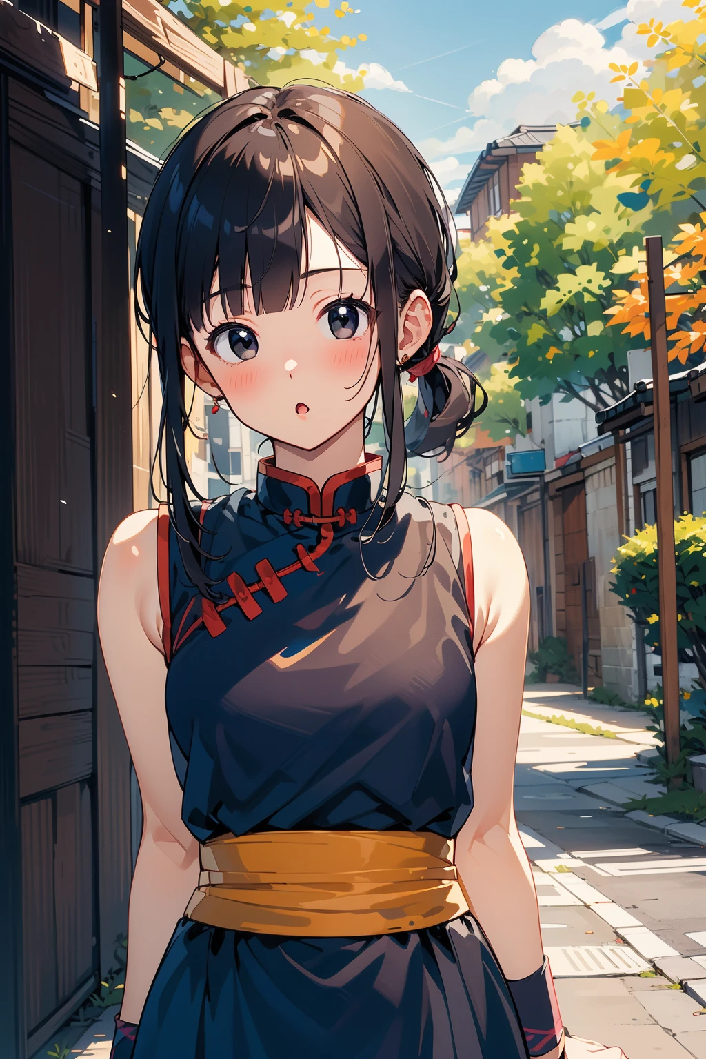 1girl, solo, BREAK outdoors, looking at viewer, (masterpiece:1.2), best quality, high resolution, unity 8k wallpaper, (illustration:0.8),(perfect hands, perfect anatomy), standing, blush, chichi, black hair, black eyes, low ponytail, blunt bangs, sidelocks, chinese clothes, sash, sleeveless, blue dress, wristband, :o, 