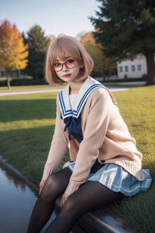 ltra-detailed,highly detailed,best quality,masterpiece,illustration,realistic,
mirai kuriyama, 1girl, solo,
red-framed eyewear, school uniform,cardigan, serafuku, sailor collar, long sleeves, pleated skirt, pantyhose, loafers,
blonde hair, short hair, bob cut, bangs,
looking at viewer, full body, sitting,adjusting eyewear,
outdoors, tree, day,water, photo background, sky, on grass, lake,waves,
<lora:mirai kuriyama_v1_09:0.7>