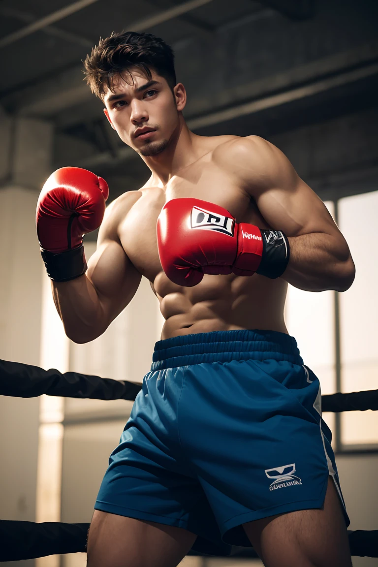 cowboy shot,realistic,best quality,masterpiece,realistic,(detailed face),detailed background,dramatic lighting,1boy,boxing gloves,male focus,solo,dark skin,dark-skinned male,muscular,shorts,blue shorts,cinematic pose,<lora:GoodHands-beta2:1>,