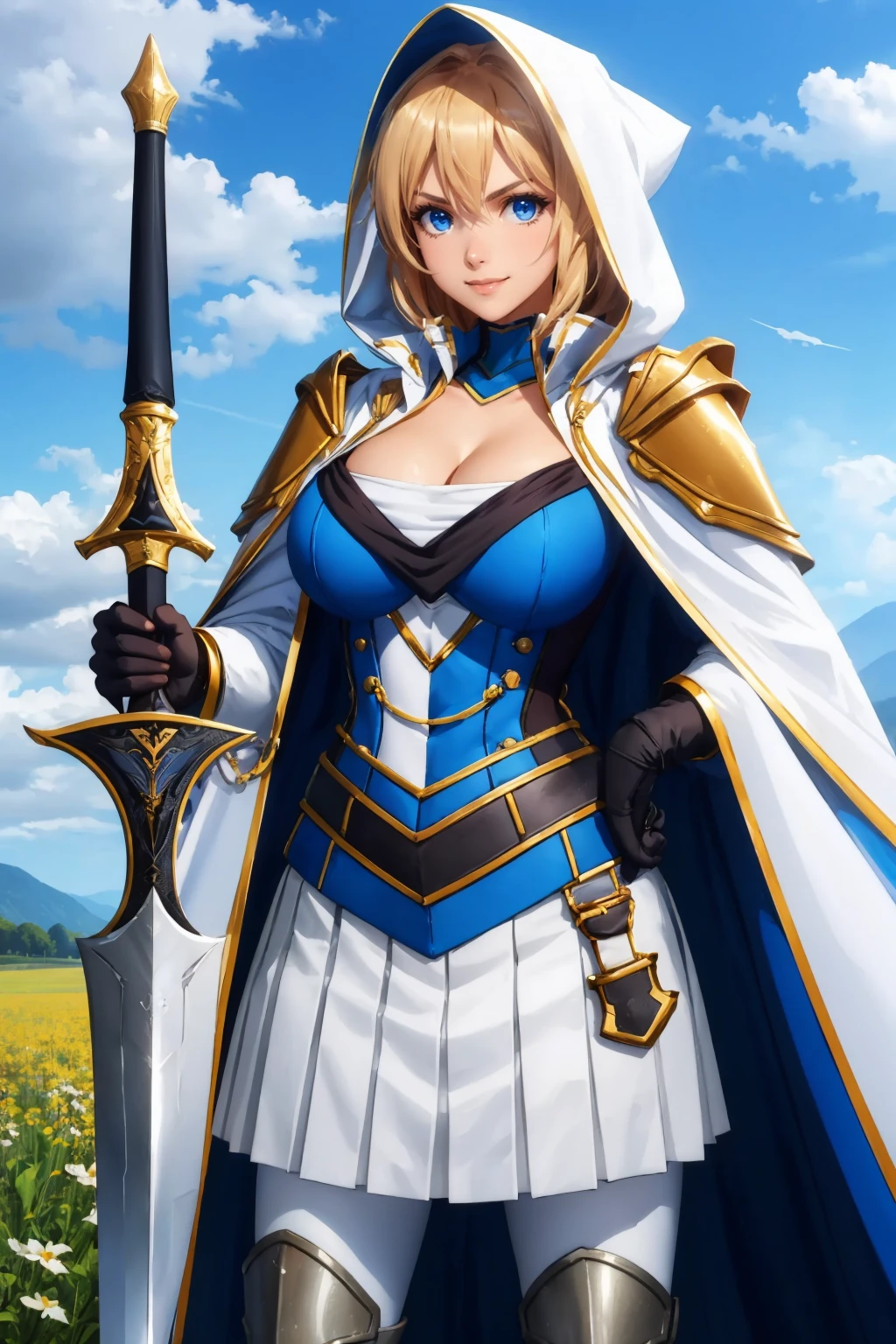 masterpiece, best quality, <lora:danchouarthur-nvwls-v1-000009:0.8> danchou, single braid, white cape, cleavage, blue uniform, white skirt, armored legwear, fingerless gloves, large breasts, hood, holding sword, planted sword, standing, field, sky, smile, furrowed brow