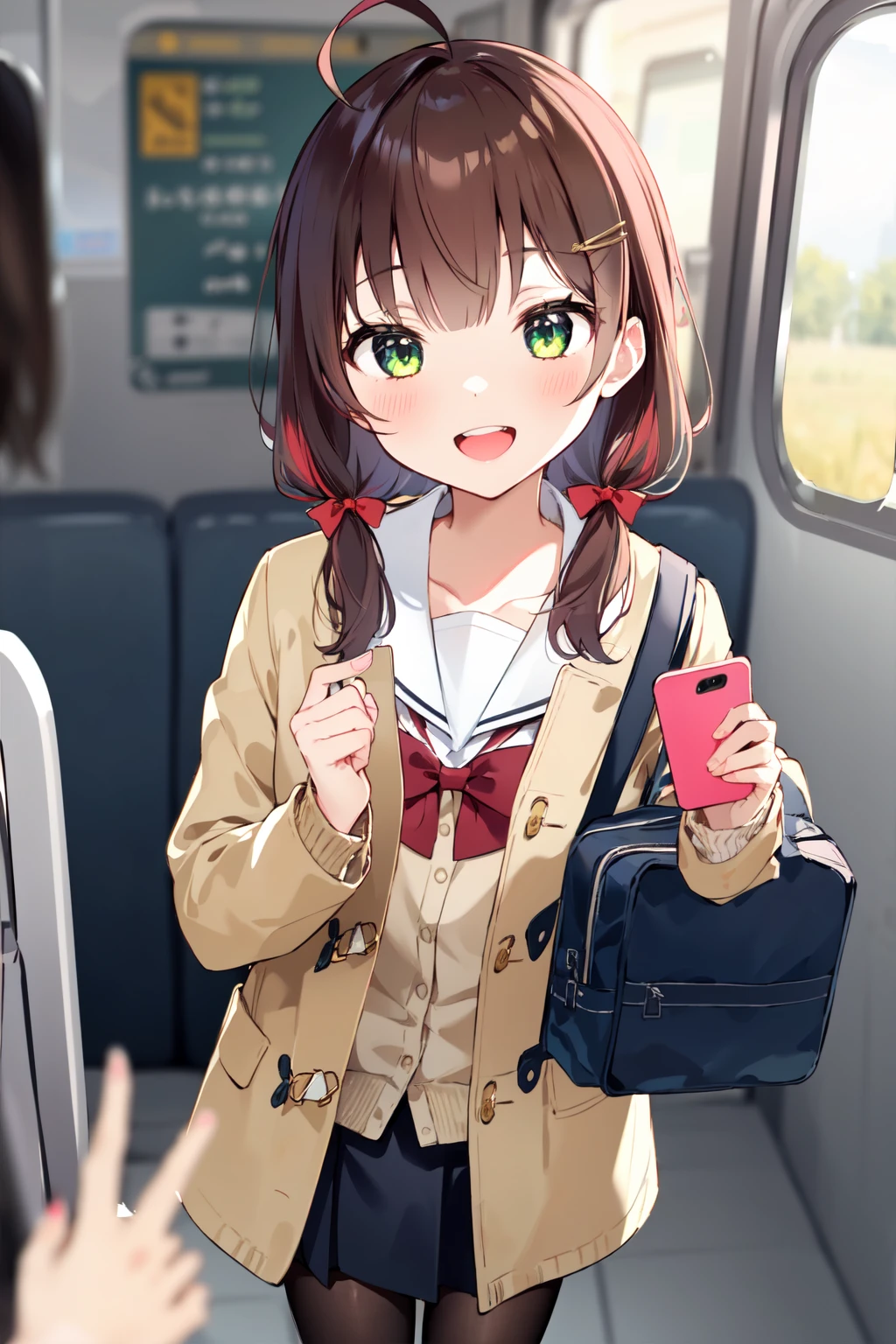 -first love, 1girl, phone, holding phone, cellphone, green eyes, skirt, holding, pantyhose, smartphone, long hair, school uniform, open mouth, bag, hair ornament, smile, bangs, hairclip, pleated skirt, open clothes, looking at viewer, red bow, train interior, black skirt, ahoge, train station, solo focus, blurry, pov, blush, shirt, sailor collar, bow, serafuku, brown hair, standing, long sleeves, red bowtie, collarbone, cardigan, :d, school bag, bowtie, ribbon, hair ribbon, train, ground vehicle, white sailor collar, coat, depth of field, blurry foreground, teeth