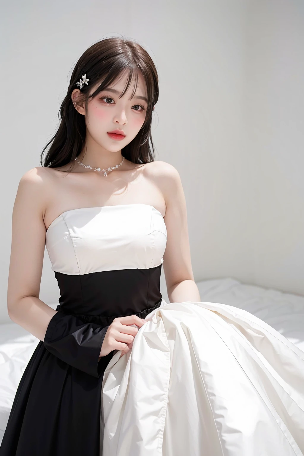 1girl, black formal long dress,white background, <lora:mobye_exBNK48-04:1>