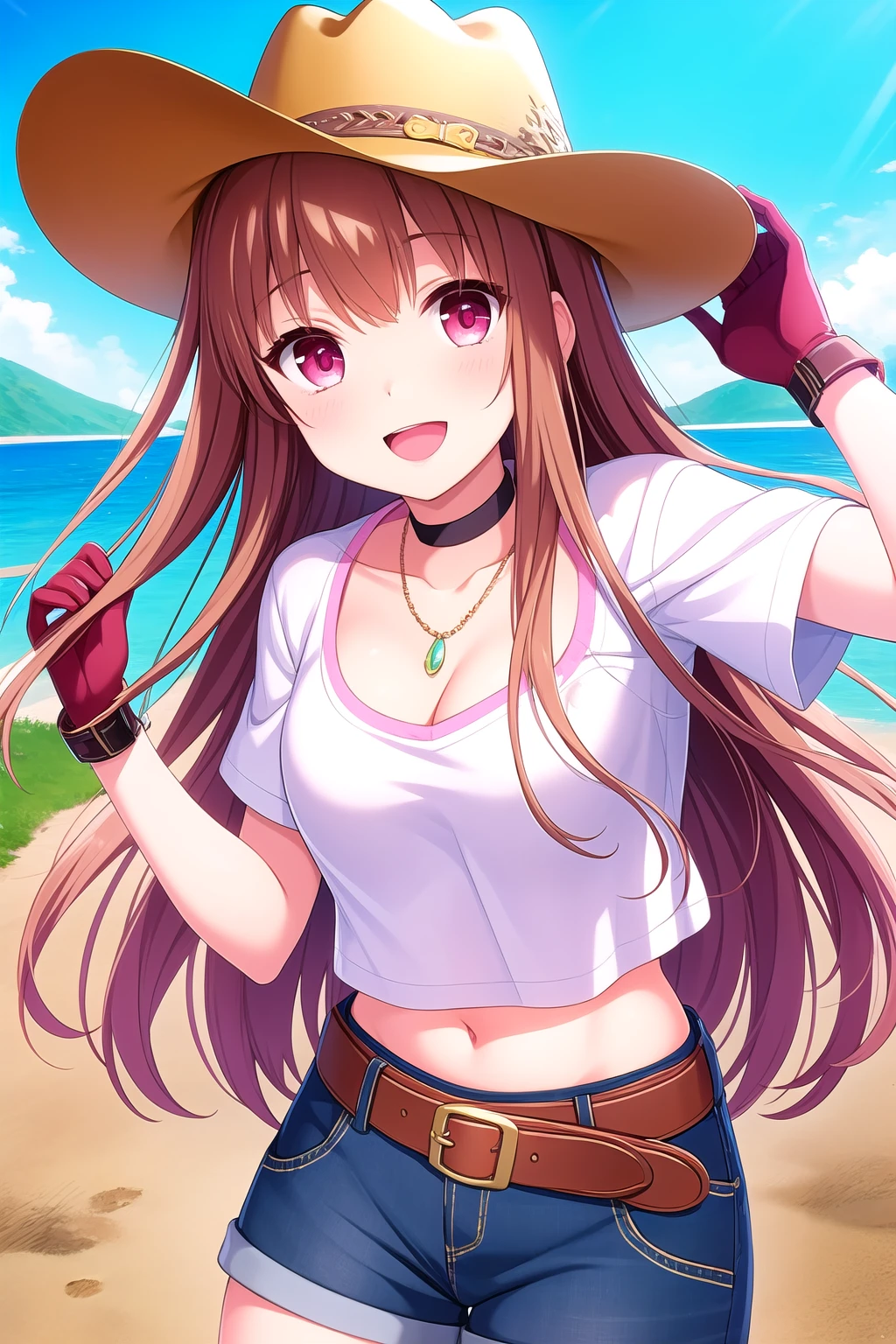 (masterpiece, best quality), highly detailed background, perfect lightingbest quality, asahinamomoko, solo, outdoors, cowboy western, cowboy hat, brown hair, long hair, pink eyes, necklace, choker, collarbone, cleavage, white shirt, crop top, short sleeves, <lora:GoodHands-vanilla:1>, brown gloves, belt, denim shorts, blue shorts, short shorts, smile, open mouth, :d, pink lips, <lora:Asahina-Momoko:0.7>