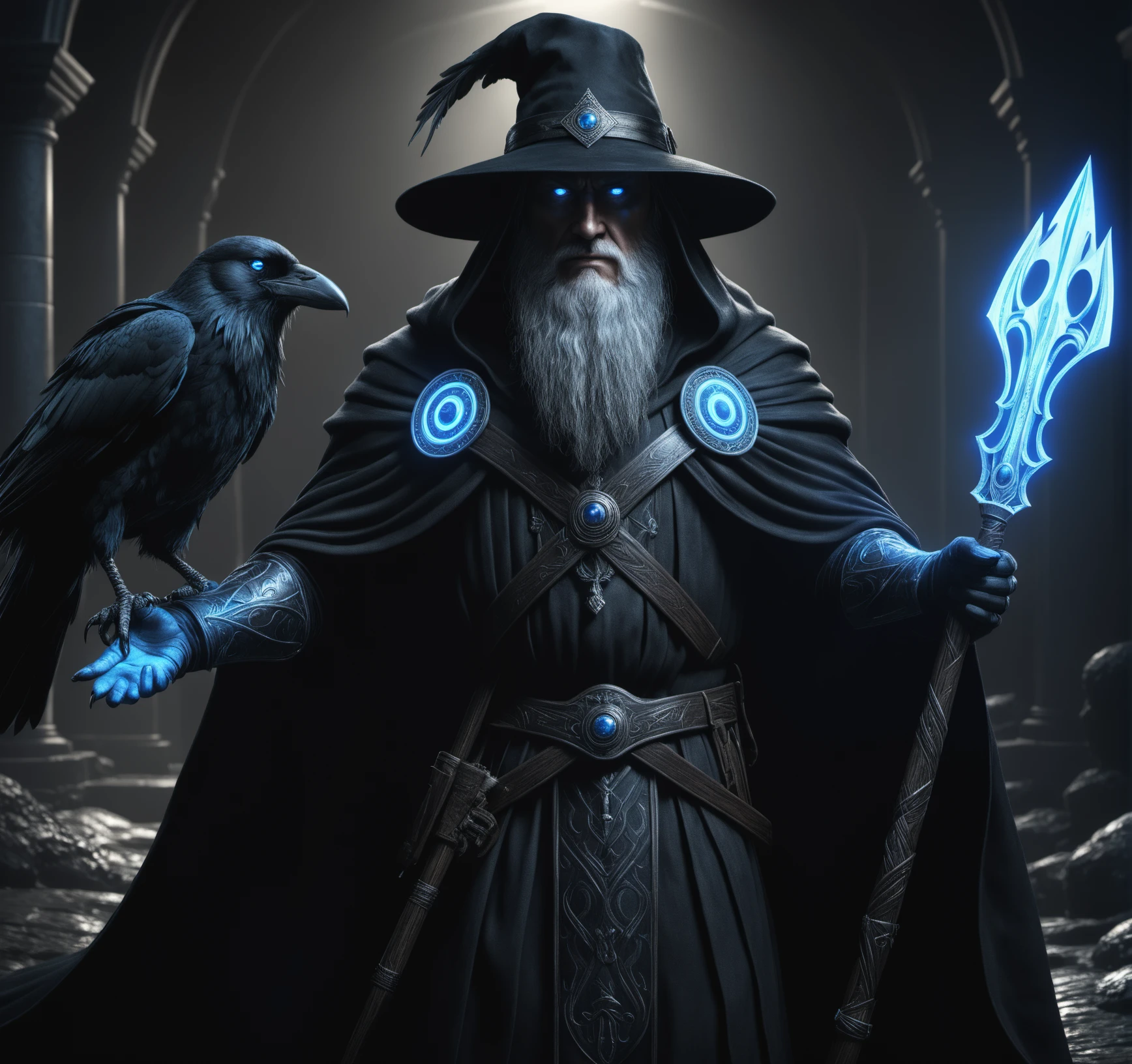 Odin as the supreme god of Germano-Scandinavian mythology in the form of a one-eyed elder in a dark cloak and felt hat, glowing blue eyes,  accompanied by a  raven, armed with a spear Gungnir, highly detailed, Life like, photo realistic, perfectly drawn hands, perfectly drawn face, perfect composition, beautiful detailed intricate insanely detailed octane render trending on artstation, 8 k artistic photography, photorealistic concept art, soft natural volumetric cinematic perfect light, chiaroscuro, award - winning photograph, masterpiece, oil on canvas, raphael, caravaggio, greg rutkowski, beeple, beksinski, giger, dark photo, epic dark photo, gothic, dark fantasy stile, dramatic lighting:1.3,   epic realistic,  <lora:add-detail-xl:1.5>, LegendDarkFantasy, <lora:LegendDarkFantasy-000001:0.75>