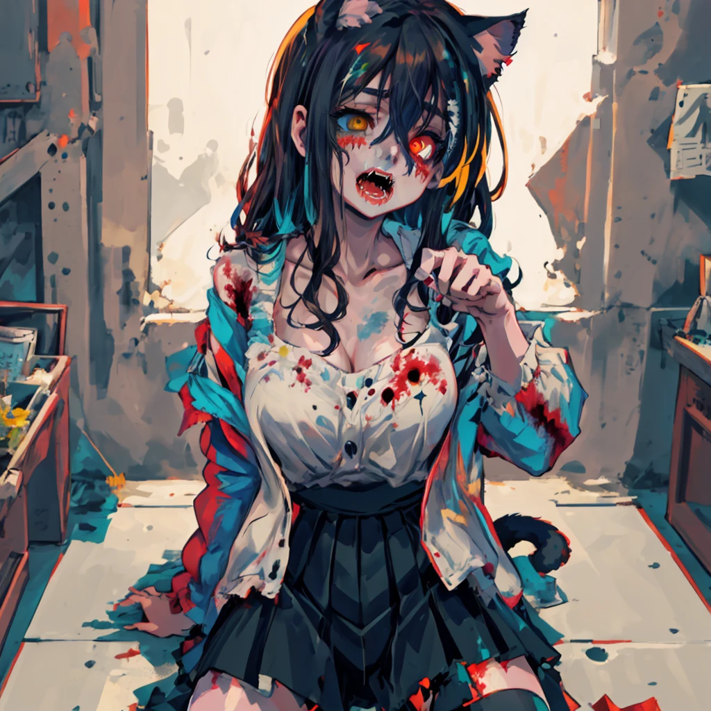 (best quality, masterpiece1.2), (detailed eye:1.2), intricate detail, depth of field, cat ear, 1girl, standing, upper body, paw pose, curly hair, fang, off shoulder, heterochromia, s freckles, blush, skirt, large breasts, kneehighs, from above, kneeling, open mouth, fangs,<lora:ZombieAnimationV1:0.85>,zombie,