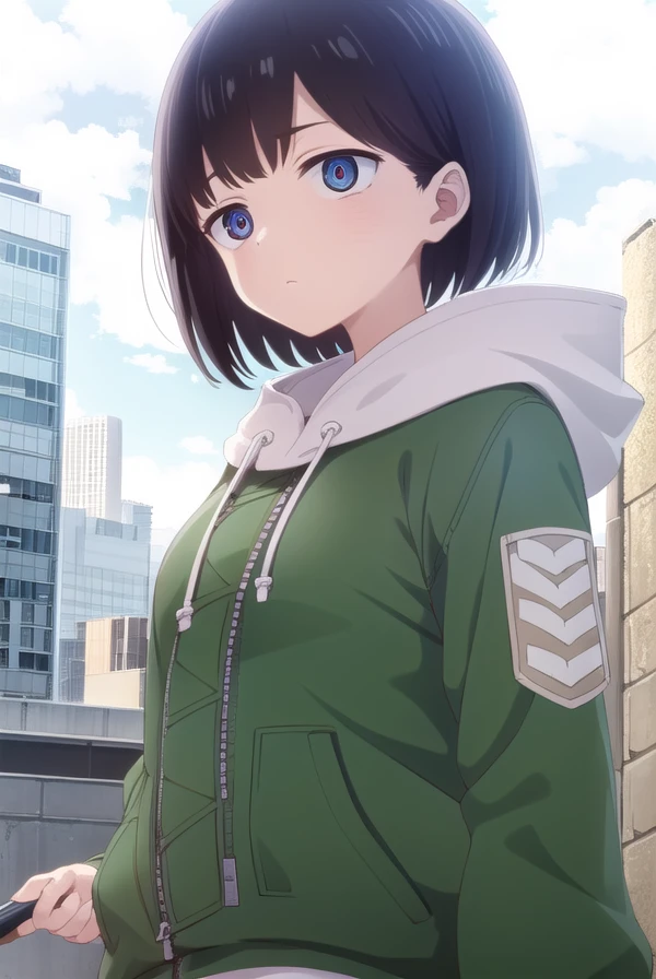 kanaichikawa, <lora:kana ichikawa s1-lora-nochekaiser:1>,
kana ichikawa, short hair, bangs, blue eyes, black hair, (ringed eyes:1.5),
BREAK jacket, hood, hoodie, hood down, drawstring,
BREAK outdoors, city, sun, sky, clouds,
BREAK looking at viewer, (cowboy shot:1.5),
BREAK <lyco:GoodHands-beta2:1>, (masterpiece:1.2), best quality, high resolution, unity 8k wallpaper, (illustration:0.8), (beautiful detailed eyes:1.6), extremely detailed face, perfect lighting, extremely detailed CG, (perfect hands, perfect anatomy),