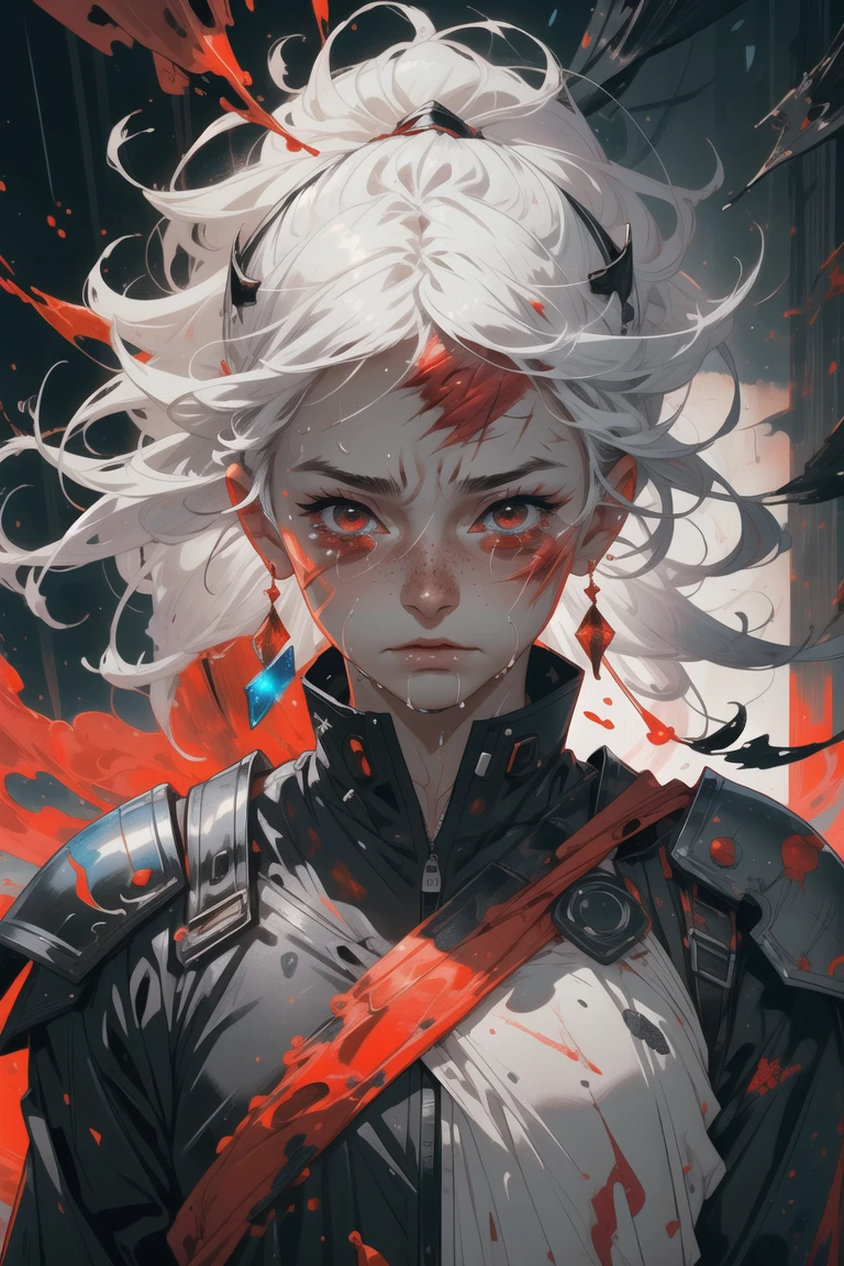white hair, long hair, freckles, earrings,
(upper body:1.1), (particles:1.2), (sparkles:1.1), flames, (tears:1.3), (crying:1.2), (wet face:1.1),
(torn clothes:1.2), abstract, (red lighting:1.2), knight armor, armor, (bloody face:1.2), (blood:1.1), (scars:1.5),
<lora:more_details:0.3>
<lora:AnimeVibesV3:0.3> animevibes,
<lora:Unleashed_V1.5:1.35>, shiny, shiny hair, shiny skin, shiny clothes