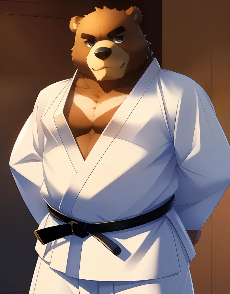 (((detailed eyes, detailed face))), (bara, juuichi <lora:character_juuichi_findigo_v2:1>, bear, short hair, black eyes), male, (solo), (plump, fat, chubby, overweight), (white dougi, martial arts belt, white pants), standing, (arms behind back), smile BREAK (konzaburou, ukan_muri, cute), bedroom, (soft shading), 8k, UHD, masterpiece, (full body)
