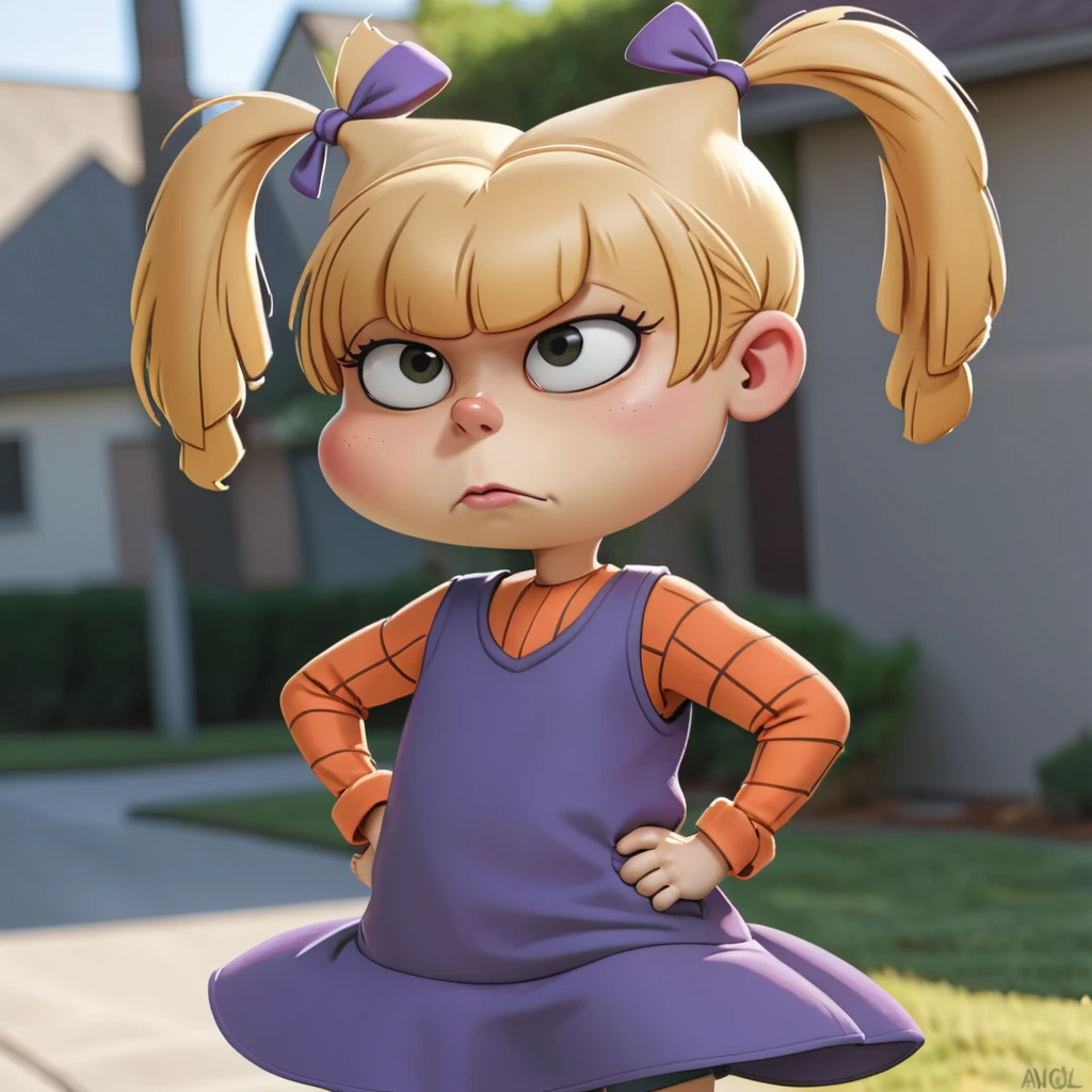 <lora:AngXL:0.69> AngXL, a with blonde hair, pigtails and dress, hand on hip, smug look on face, thumb pointing toward chest