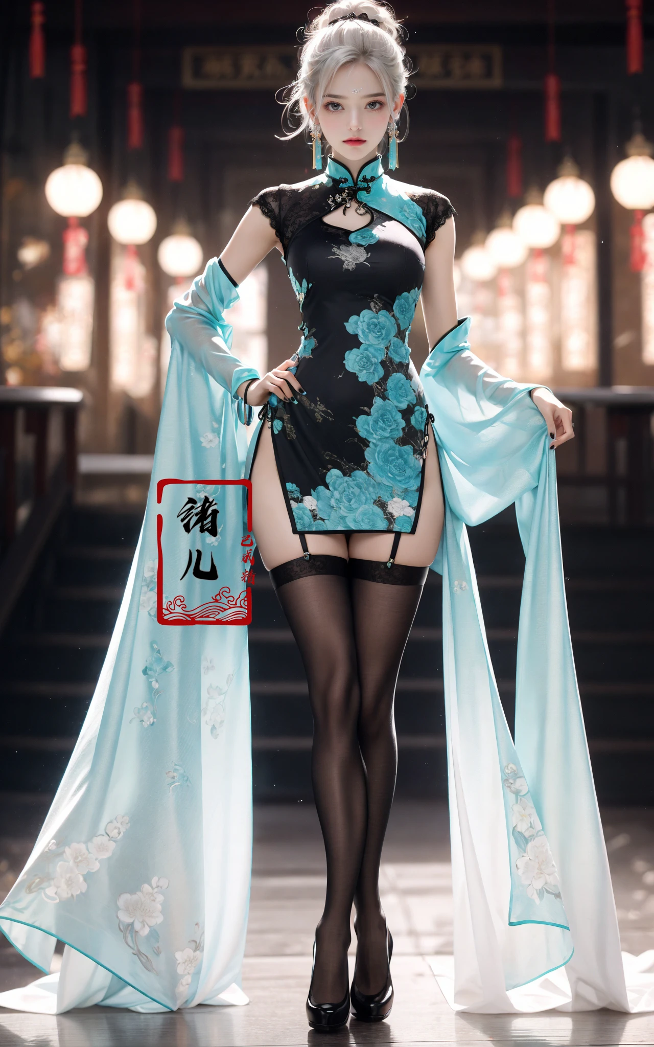 Black background,Fashion cheongsam
nail polishlace trimgradientcontrappostoRed long dresslace
red lips (full body:0.8), white thighhighs,white haircrossed legs
<lora:Fashion cheongsam_20231207093219:0.7>