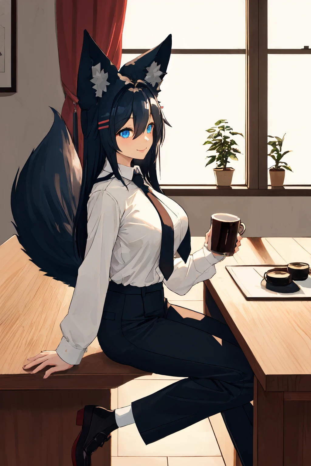 masterpiece, (detailed, highres, best quality), 1girl, gigantic breasts, <lora:spsubresKiri:1> hair between eyes, ear piercing, fox tail, large tail, hairclip, black footwear, black necktie, brown pants, collared shirt, dress, long sleeves, necktie, pants, shirt, socks, white dress, white shirt, white socks, curtains, feet out of frame, from side, game controller, indoors, notice lines, window, drinking, holding, holding cup, looking away, smile, solo