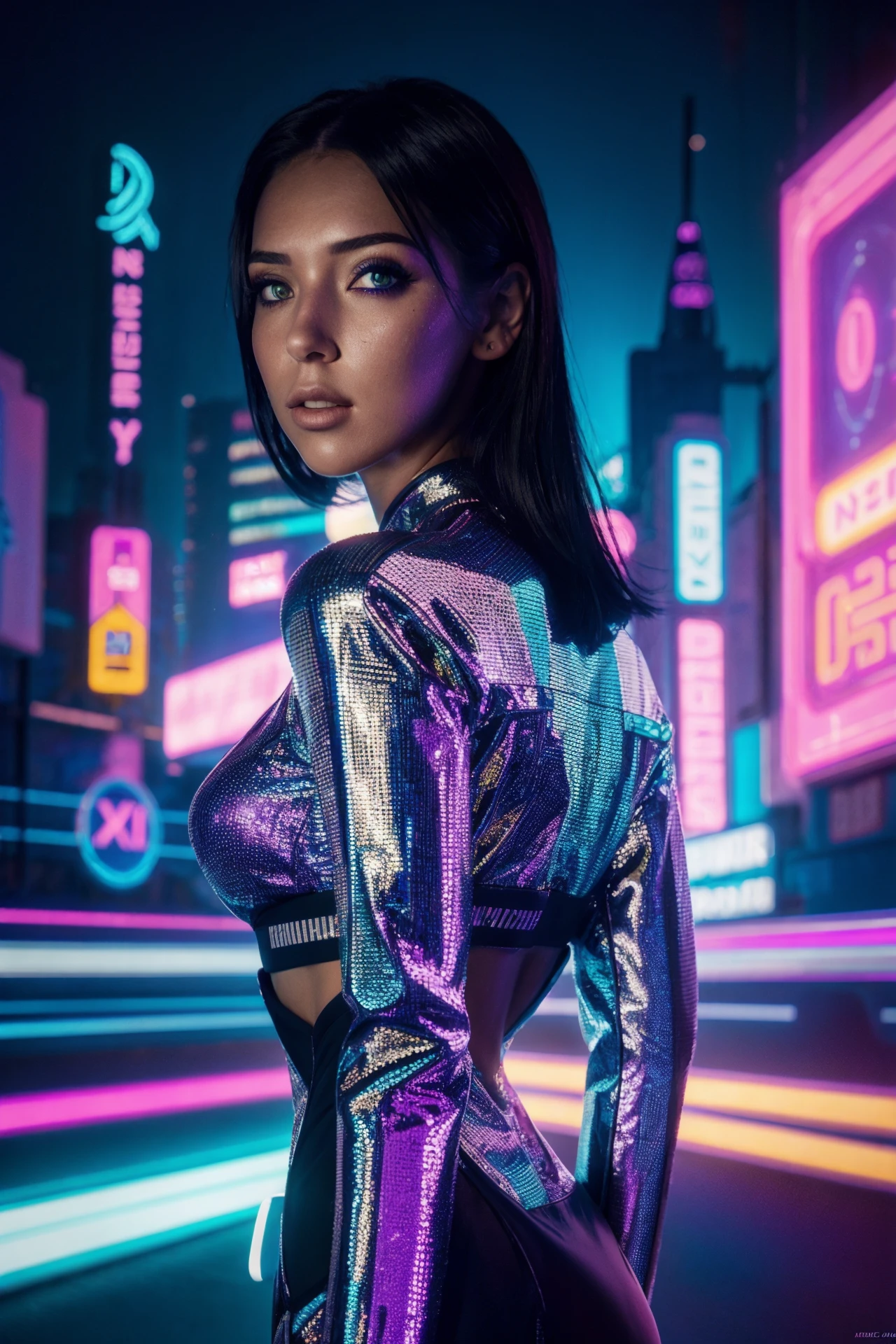 a woman in a purple top in a neon city, in the style of chinapunk, iconic album covers, soft-focus portraits, luke fildes, light amber and silver, exotic, captivating lighting