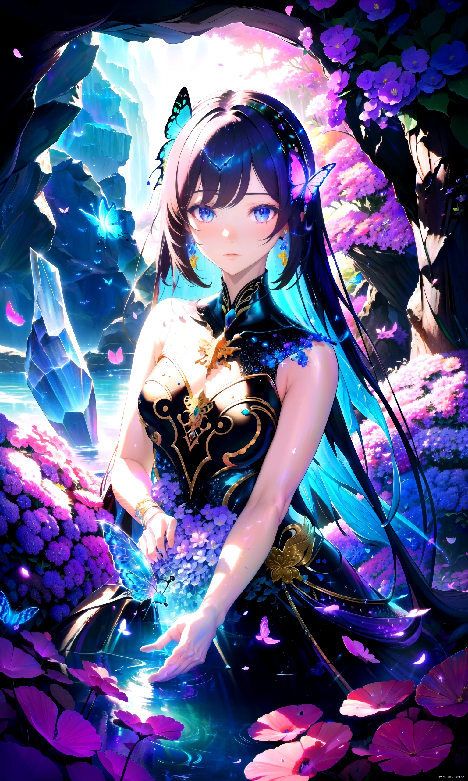 (masterpiece, best quality, highres), 1girl, raifu, solo, pov, close-up,
BREAK
fractals, lineart background, colorful background, flowers, petals,
rim lighting, crystals, cave, butterfly, vegetation, aura, magic, water,