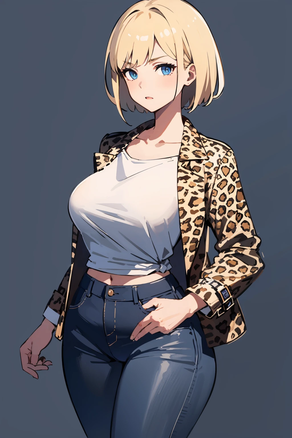 masterpiece,high quality,highres,1girl,solo,large breast,wide hips,mature female,<lora:leopard-clothes-v1-b3-wasabiya:1>,leoprint,print jacket,white shirt,pants,,short hair ,simple background,(blue eyes , blonde hair),