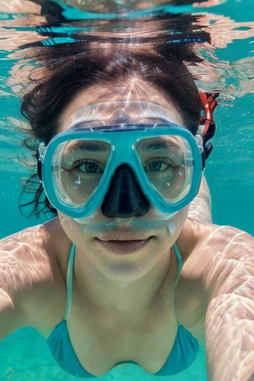 swimming,(((american shot))), beautiful detailed face,beautiful detailed eyes, masterpiece, best quality),solo,<lora:snorkel-HDv1:0.6>,snorkel,wearing snorkel,underwater,teal snorkel