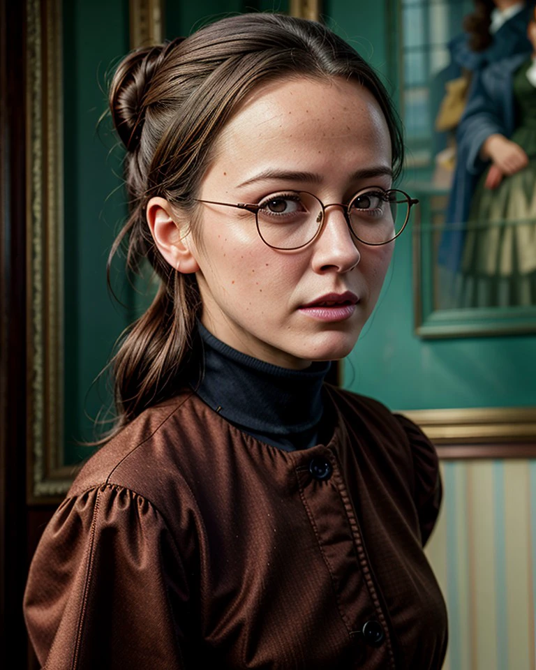 ChzAmyA, Shhhh!, medium close-up, (ultra-detailed for realism:1.3), photo of 1girl as a strict librarian, glasses, turtleneck, (angry expression:1.2), one finger held to own lips, hair in a sensible bun, skirt, (looking at viewer), perfect eyes, detailed skin, retro-futuristic library background, (masterpiece, best quality:1.5),