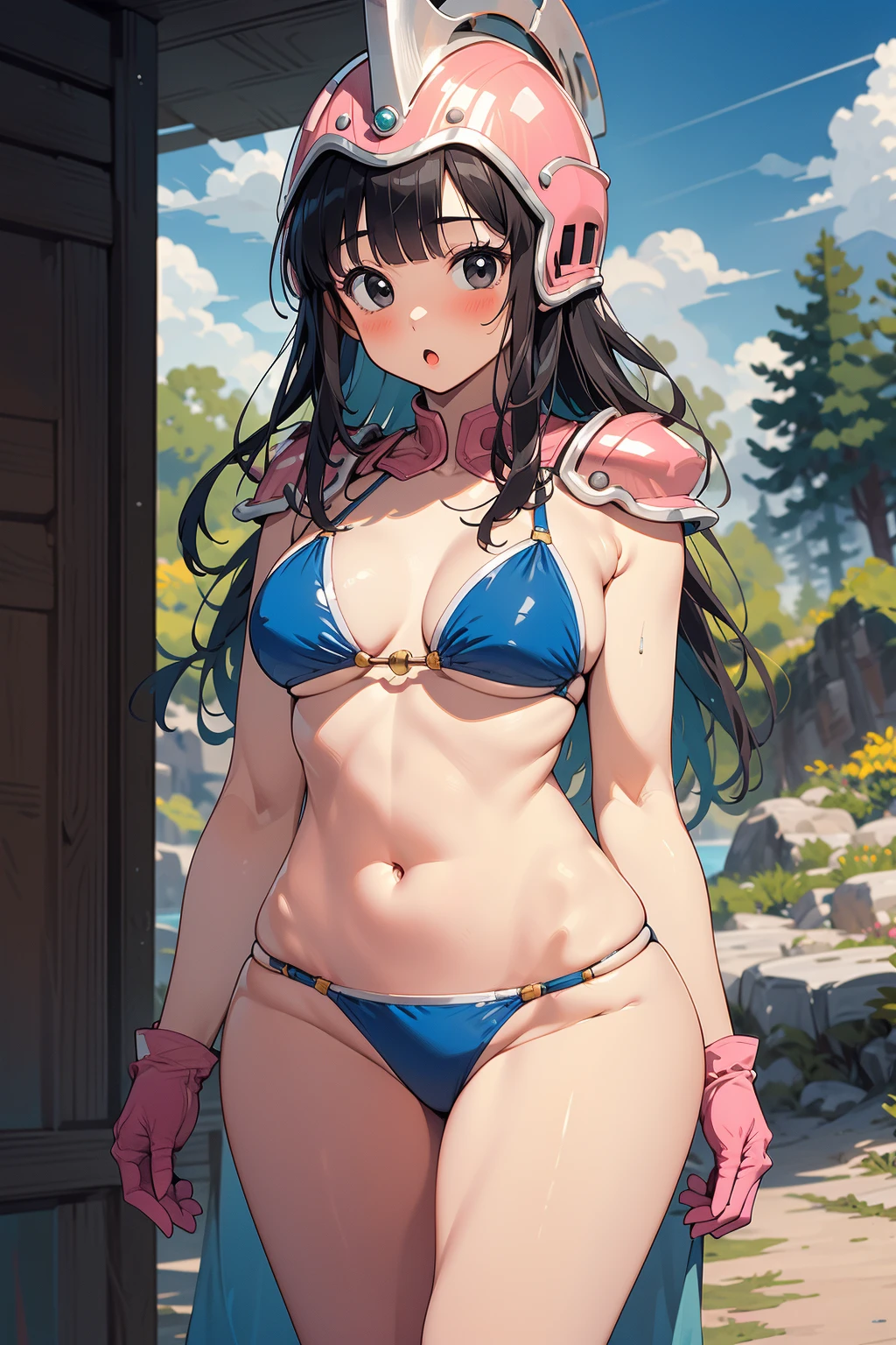 1girl, solo, BREAK outdoors, landscape, looking at viewer, (masterpiece:1.2), best quality, high resolution, unity 8k wallpaper, (illustration:0.8),(perfect hands, perfect anatomy), standing, blush, chichi, black hair, black eyes, blunt bangs, sidelocks, bikini armor, shoulder armor, pink gloves, navel, long hair, helmet, pink headwear, green cape, :o, standing