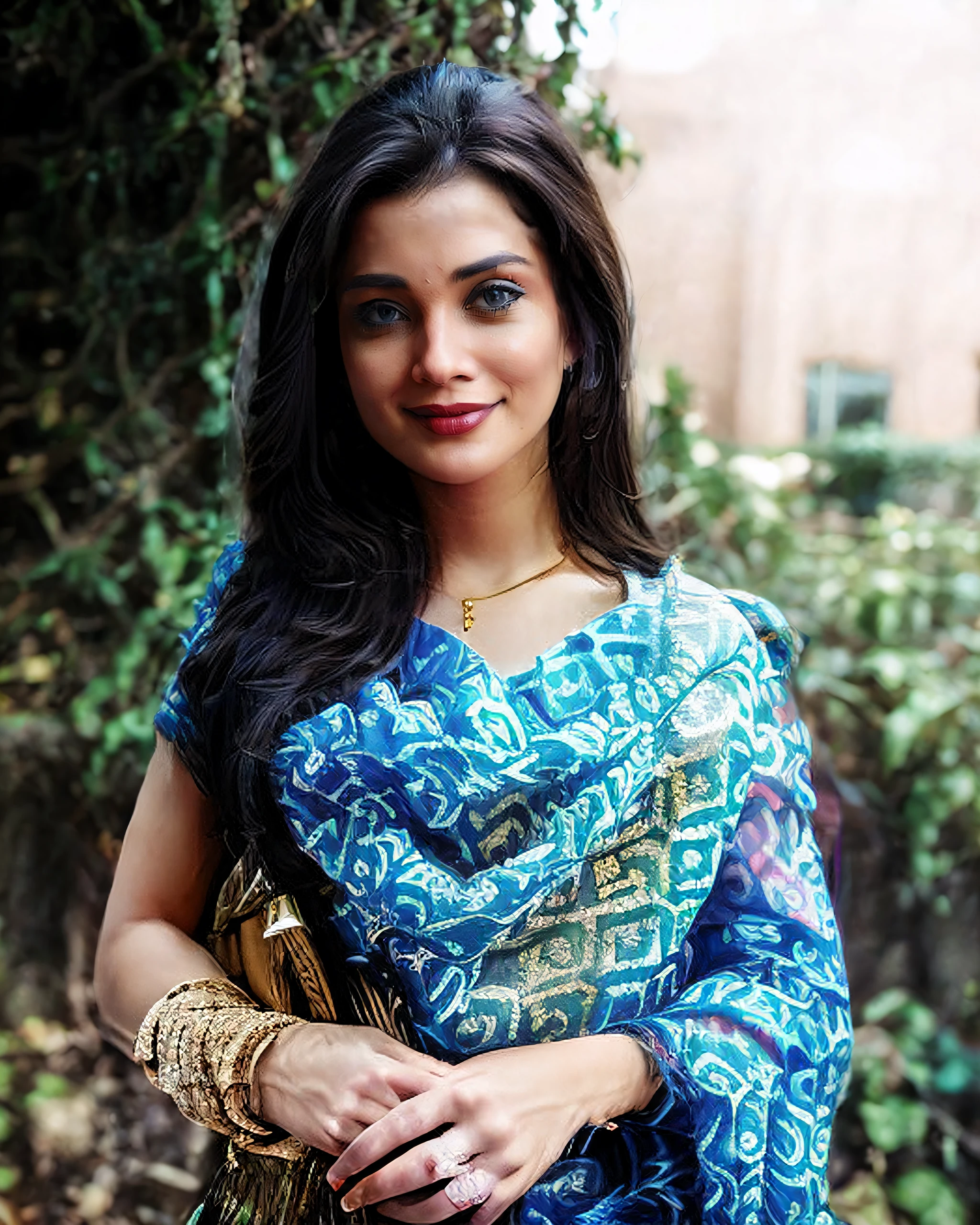 ultrarealistic photo of a 30-year-old amja woman, outdoors, wearing colorfulBanarasi Silk Saree covering chest and cleavage, looking at camera, day time, film grain, beautiful bokeh <lora:amja_Amy_Jackson_SD15_LoRA_prodigy-000003:1>