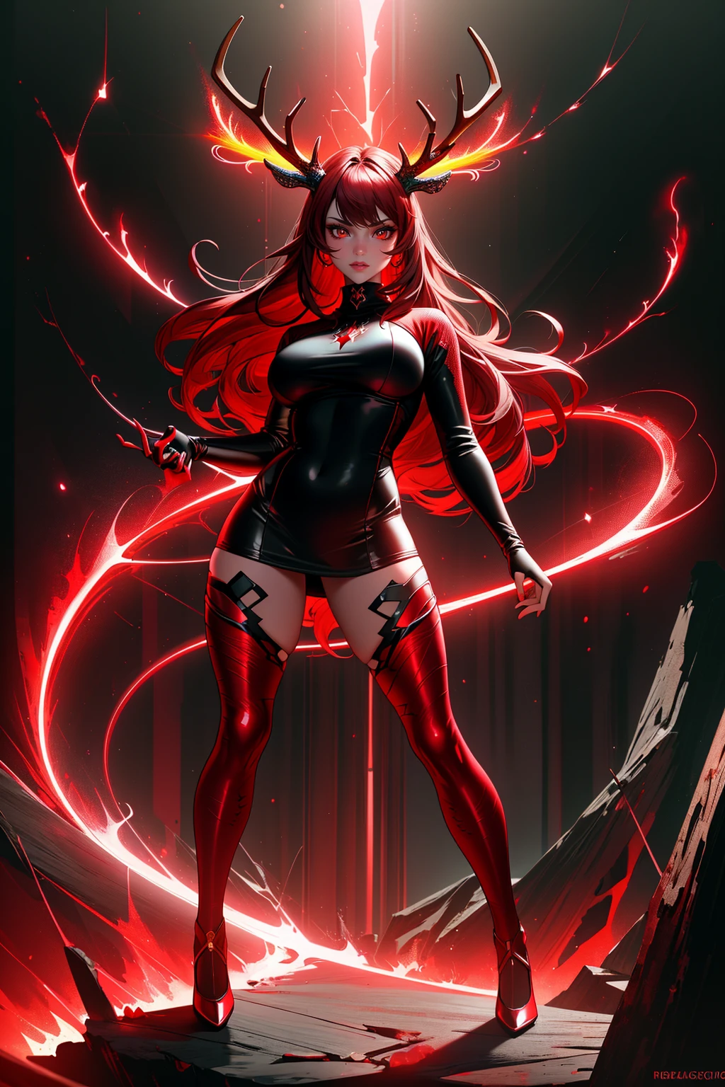 ((Masterpiece, best quality,edgQuality)),((full body)),standing, posing for a picture
edgrageaura, a woman wearing an turtleneck,red aura,wearing red light coating,deer antlers,red electricity
<lora:edgRageAura:0.8>