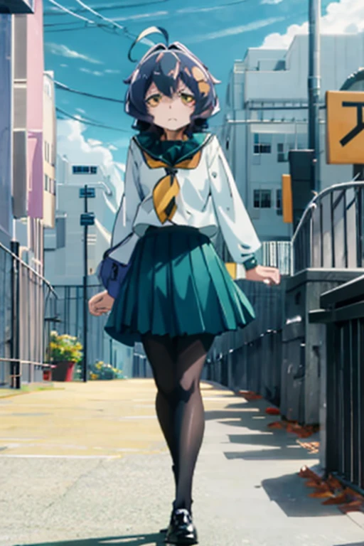 hiiragiutena, short hair, black hair, ahoge, yellow eyes, school uniform, serafuku, long sleeves, green skirt, long skirt, pantyhose, sad, walking, city <lora:hiiragi_utena-000003:1>