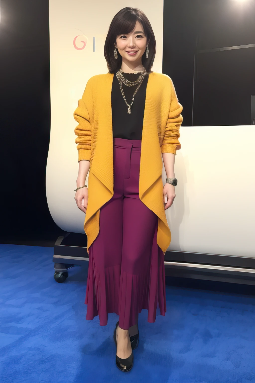 masterpiece,beautiful,extremely detailed,finely detailed,exquisite,(ultra high res),(8k UHD best quality), (realistic, photo-realistic:1.37), depth_of,blurry_background, photo_inset,Dramatic lighting,reference_inset,photo_background,photorealistic,looking_at_viewer,1girl,detailed skin,shiny skin,(((tv studio))),(((full body))),yumiko <lora:yumiko matsuo:1>