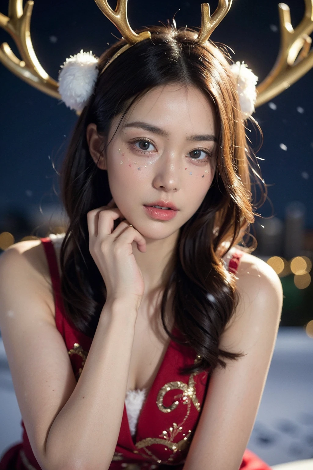 (best quality:1.5),(masterpiece:1.5),1girl,christmas clothes,antlers,close-up,exquisite eyes,night,cityscape,snowing,striped stockings,(an extremely delicate and beautiful),intricate detail,