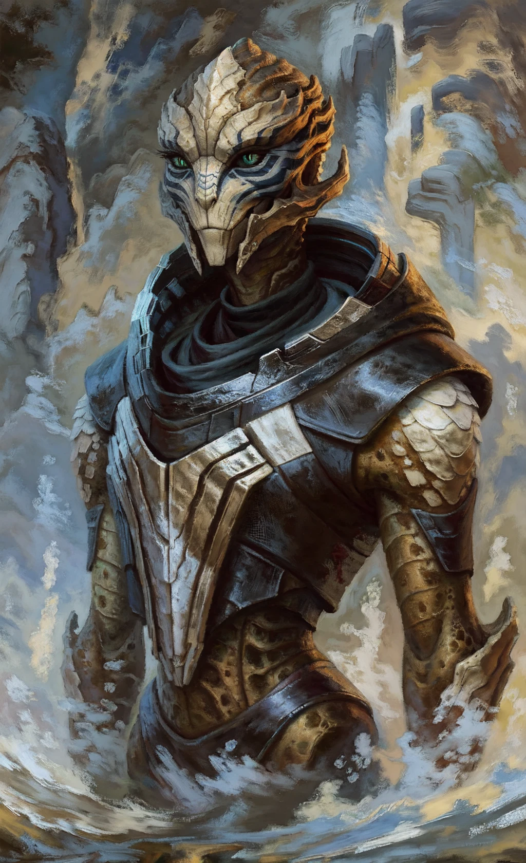 oil painting \(artwork\), petemoh, (monster:0.7), (half-length portrait:1.2), (three-quarter view:1.2), brown skin, (light faceplate:1.2), blue facemark, female, (turian:1.1), alien, scalie, (slit pupils:1.3), (eyelashes, eyeliner:1.1), smile, (mass effect:1.1), (clothed, black armor:1.2), gothic, frills <lora:Femtur_v1.3:0.9> <lora:PeteMohrBacherStyle2:0.95>