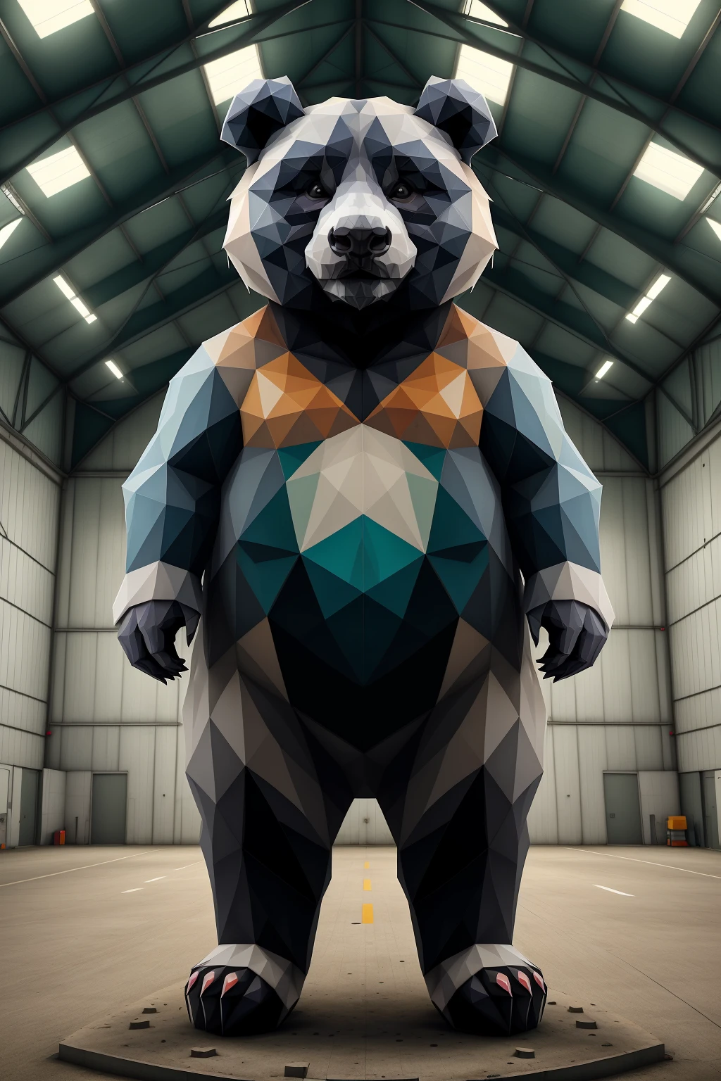 a huge ral-polygon panda bear, standing in a military compound hangar <lora:ral-polygon-sd15:1>