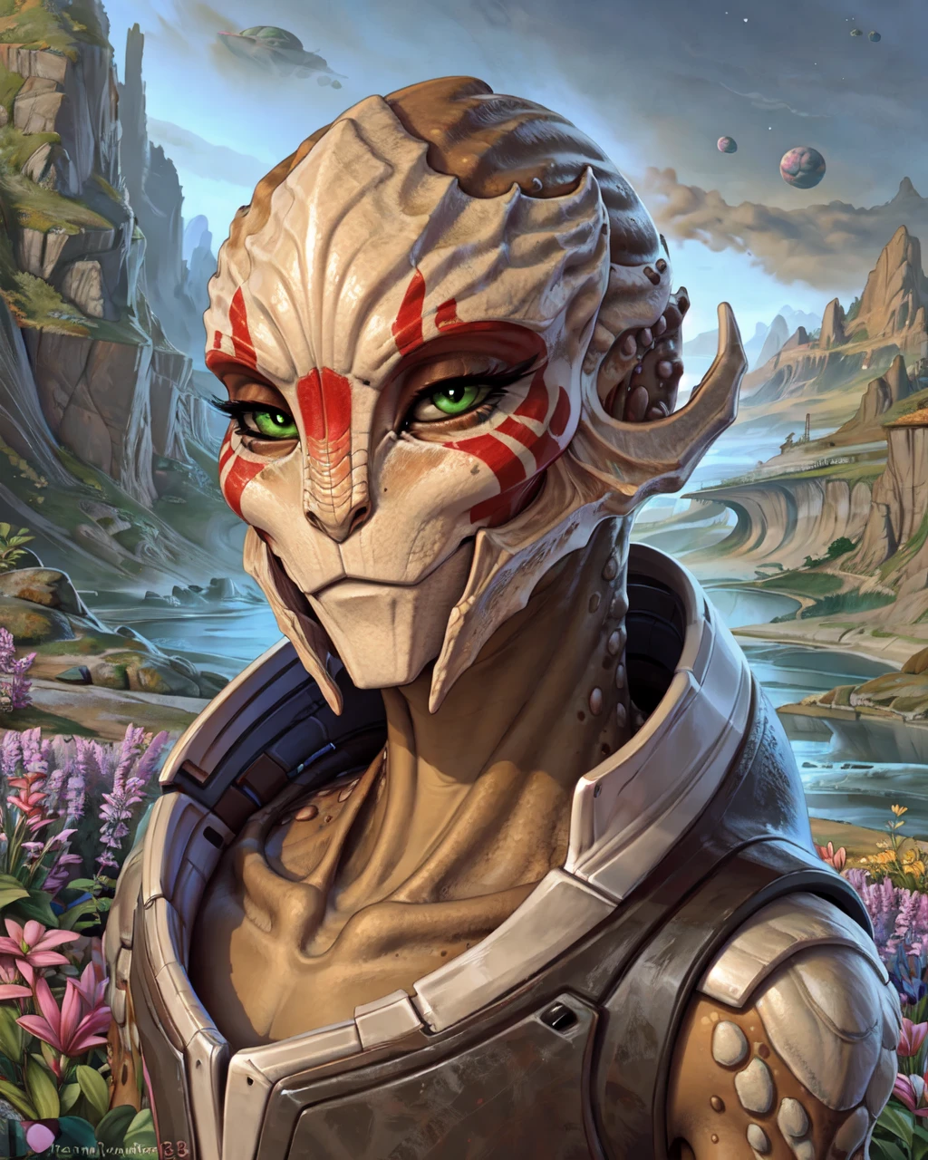 by ShinigamiGirl, by demimond23, by pakwan008, (portrait:1.2), (three-quarter view:1.2), (detailed background:1.2), (alien planet landscape:1.4), (stars, science fiction:1.1), outside, plant, (flowers:0.9) BREAK
brown skin, (light faceplate:1.2), (red facemark:1.1), (female:0.9), (turian:1.3), alien, (scalie:0.9), green eyes, (slit pupils:1.3), (looking at viewer, eyelashes, eyeliner:1.2), (bedroom eyes, smile:1.2), mass effect <lora:Femtur_v1.3:1.0>