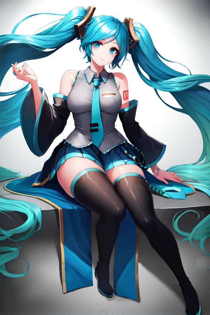 masterpiece, best quality, <lora:SonaV1:1>, sona \(league of legends\), blue hair, blue eyes, gradient hair, twintails, hair ornament, <lora:MikuOutfit-14:0.7>, miku outfit, sleeveless shirt, grey shirt, detached sleeves, necktie, arm tattoo, skirt, thighhighs, thigh boots,