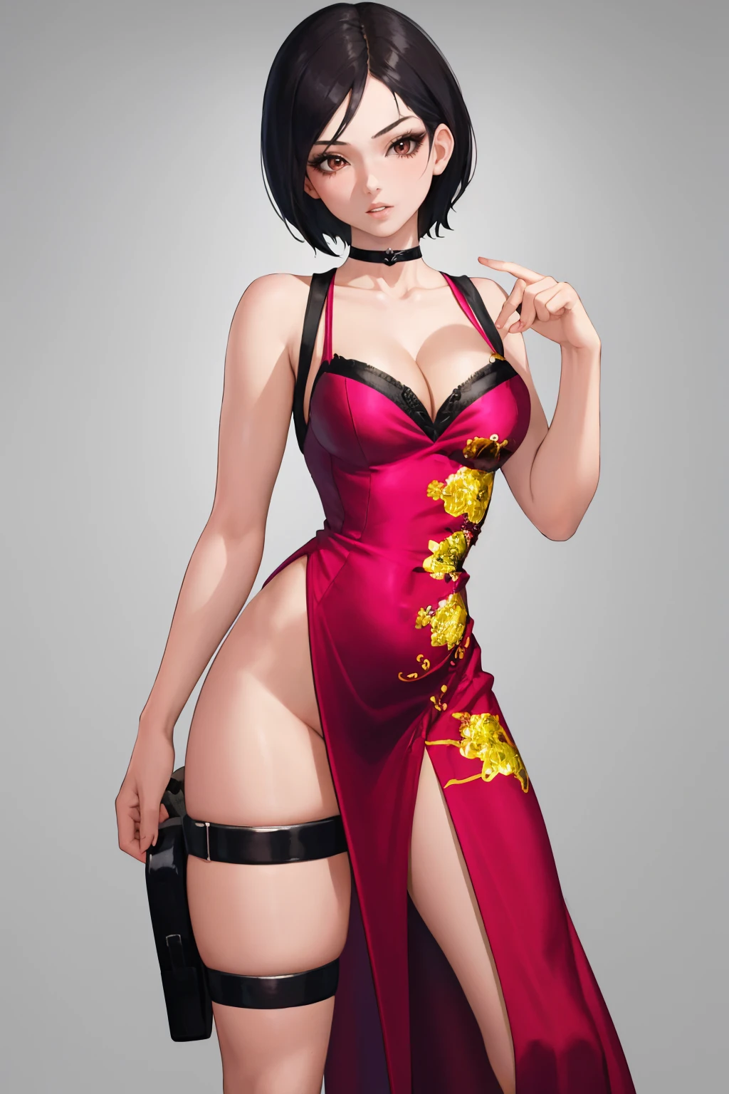 masterpiece, best quality, 1girl, solo, looking at viewer, parted lips, <lora:adawong-re-richy-v1:1> adachina, china dress, choker, cleavage, thigh strap, thigh holster, side slit, no panties