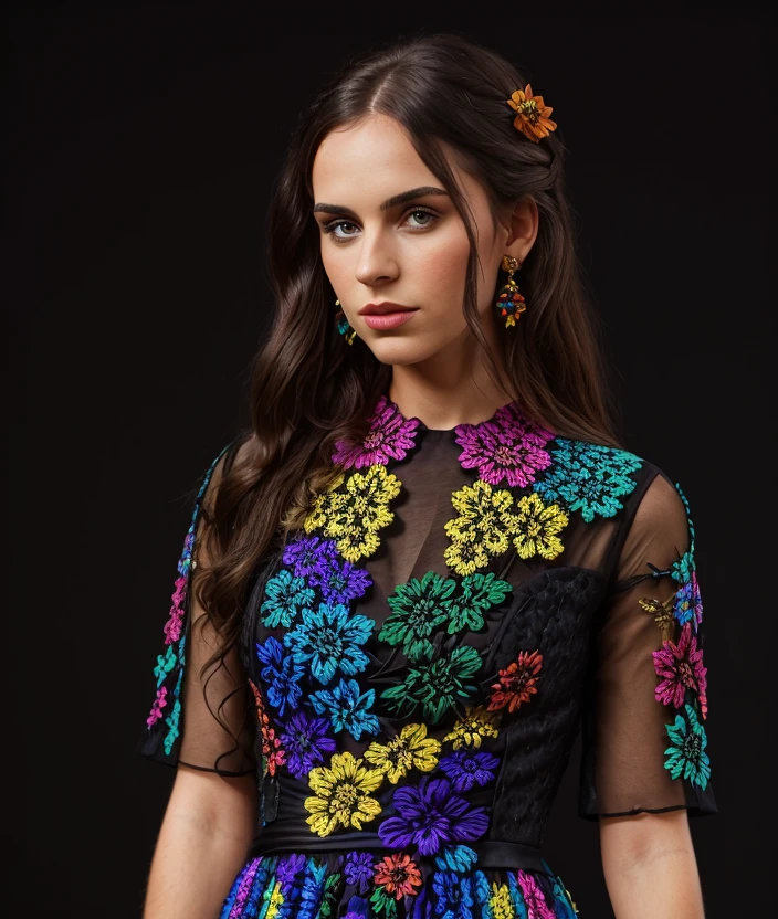 M3gf0x, Nuanced black background , ((Colorful dress)), intricate, close portrait photo