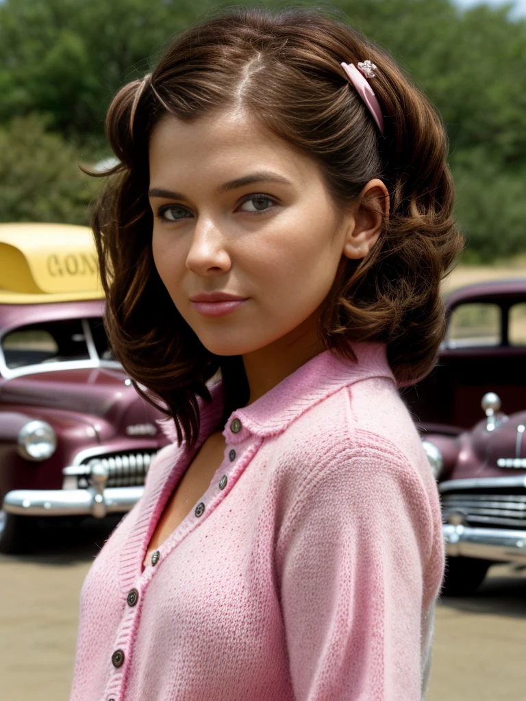 ju13545n3r, full body, brown hair, brown eyes, outside 1950's drive in restaurant, posing in the parking lot, 1950's style cars in the background, pink cardigan, white blouse, hairclip, upper body, <lora:Jules_Asner_PMv1_Lora:1.3>,, RAW candid cinema, 16mm, color graded portra 400 film, remarkable color, ultra realistic, textured skin, remarkable detailed pupils, realistic dull skin noise, visible skin detail, skin fuzz, dry skin, shot with cinematic camera, ((Cinematic Still-Shot))