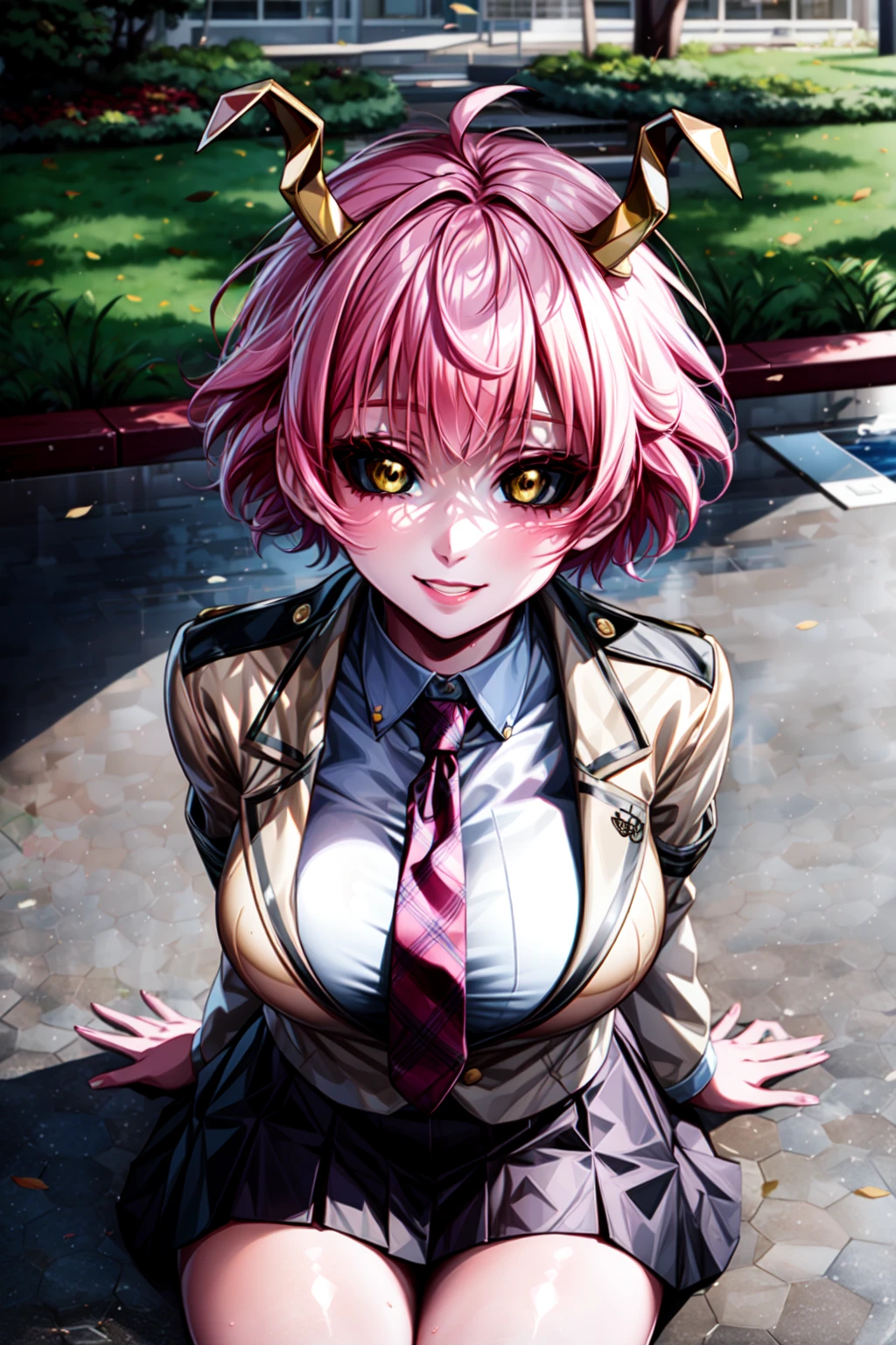 (best quality:1.2), 1girl, (masterpiece:1.2), raytracing, cute face, perfect face, ultra detailed,detailed face, 8k wallpaper, wide hips, <lora:more_details:0.5>, AshidoMina_NDV, 1girl, yellow eyes, pink hair, large breasts, horns, pink skin, black sclera, short hair, <lora:AshidoMina_NDV:0.7>, outdoor, smile, school uniform, jacket, shirt, shirt, tie, sitting