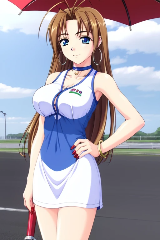 <lora:Reiko:0.8> Reiko, 1girl, solo, blue eyes, brown hair, long hair, jewelry, earrings, race queen, antenna hair, nail polish, red nails, hoop earrings, closed umbrella, umbrella, dress, choker, hand on hip, huge_breasts,
masterpiece, best quality,4k,8k,
racing track,