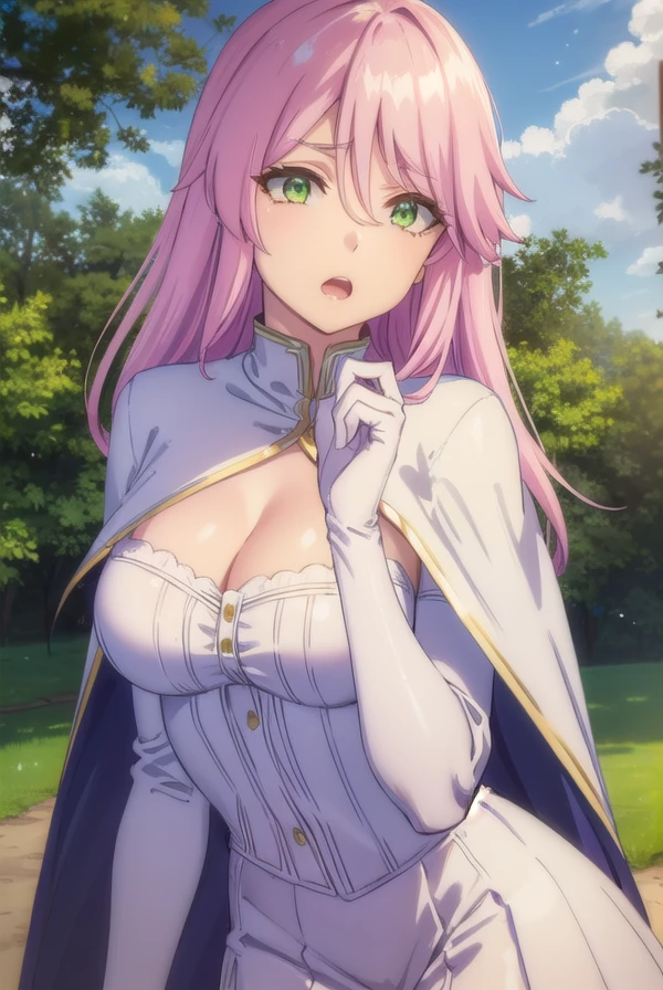 flarearlgrandejioral, <lora:flare arlgrande jioral s1-lora-nochekaiser:1>,
flare arlgrande jioral, long hair, (green eyes:1.5), pink hair, hair between eyes, frown, angry, open mouth,
BREAK dress, (white dress:1.5), cleavage, cape, (white cape:1.5), high collar, skirt,
BREAK outdoors, forest, nature, trees, grass, sun, sky, clouds,
BREAK looking at viewer, (cowboy shot:1.5),
BREAK <lyco:GoodHands-beta2:1>, (masterpiece:1.2), best quality, high resolution, unity 8k wallpaper, (illustration:0.8), (beautiful detailed eyes:1.6), extremely detailed face, perfect lighting, extremely detailed CG, (perfect hands, perfect anatomy),