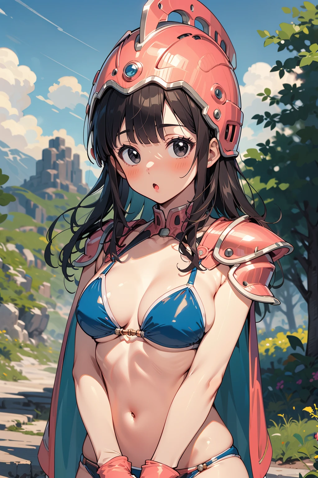 1girl, solo, BREAK outdoors, landscape, looking at viewer, (masterpiece:1.2), best quality, high resolution, unity 8k wallpaper, (illustration:0.8),(perfect hands, perfect anatomy), standing, blush, chichi, black hair, black eyes, blunt bangs, sidelocks, bikini armor, shoulder armor, pink gloves, navel, long hair, helmet, pink headwear, green cape, :o, leaning forwad, arms between legs, standing