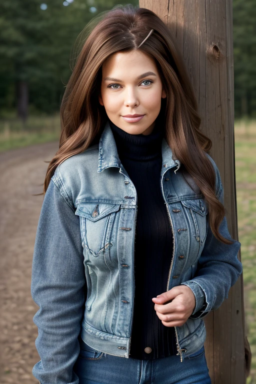 (RAW, analogue, Nikon Z 14mm ultra-wide angle lens, award-winning glamour photograph, ((best quality)), ((masterpiece)), ((realistic)), skin pores, subsurface scattering, radiant light rays, high-res, detailed facial features, high detail, sharp focus, smooth, aesthetic, extremely detailed, (extremely detailed eyes, extremely detailed iris), extremely detailed hair, extremely detailed skin, extremely detailed clothes, octane render, photorealistic, realistic, post-processing, max detail, realistic shadows, roughness, natural skin texture, real life, ultra-realistic, photorealism, photography, 8k UHD, photography, hdr, intricate, elegant, highly detailed, sharp focus, stunning, beautiful, gorgeous), (photorealistic), (realistic), ju13545n3r, full body, brown hair, blue eyes, (denim jacket:1.3), (black turtleneck sweater:1.1), jeans, lips, long hair, outdoors, on a ranch, leaning on a wooden post, looking at viewer, upper body, morning, bright, <lora:Jules_Asner_PMv1_Lora:1.3>,
